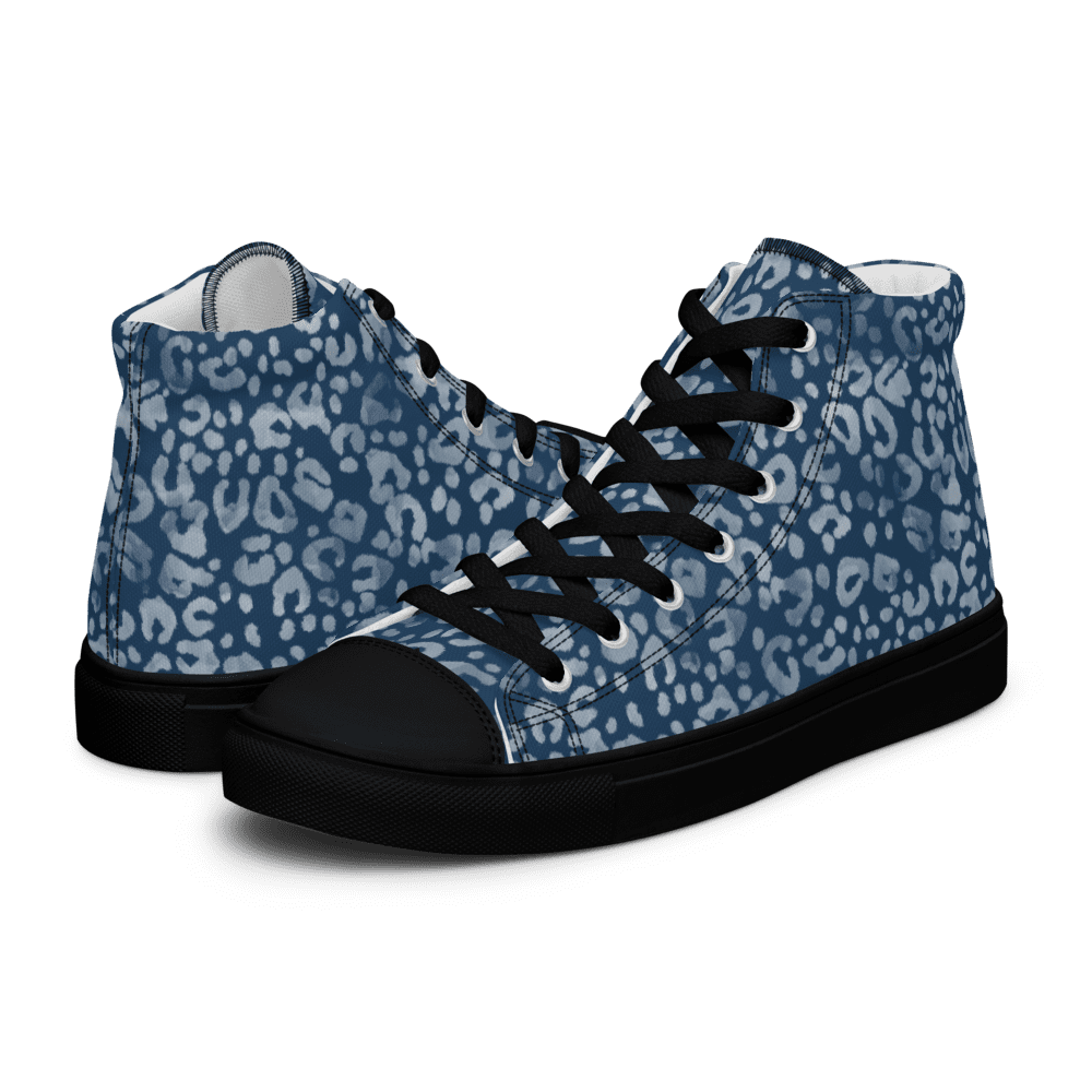 Blue leopard print high-top sneakers.