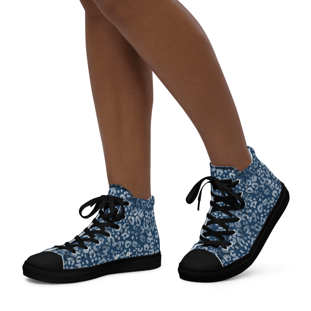 Blue leopard-print high-top sneakers on feet