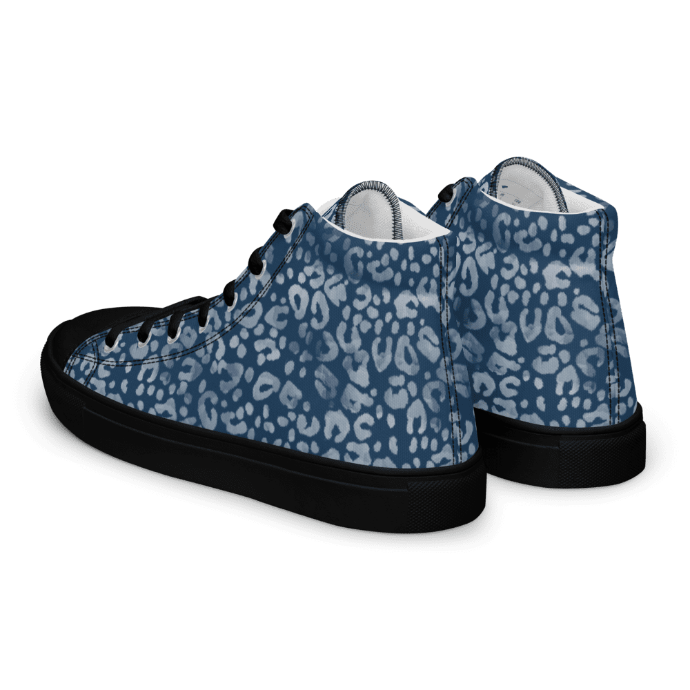 Blue leopard-print high-top sneakers with black soles