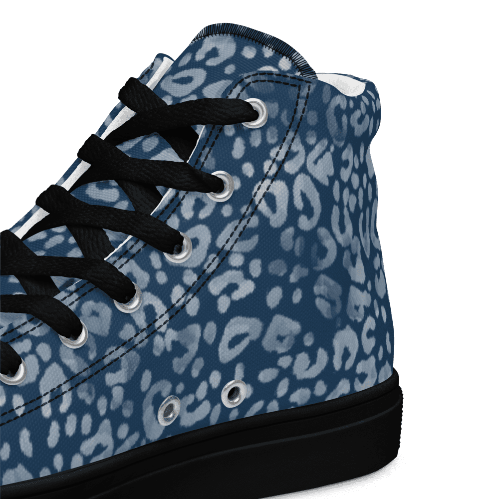 Blue leopard print sneaker with black laces.