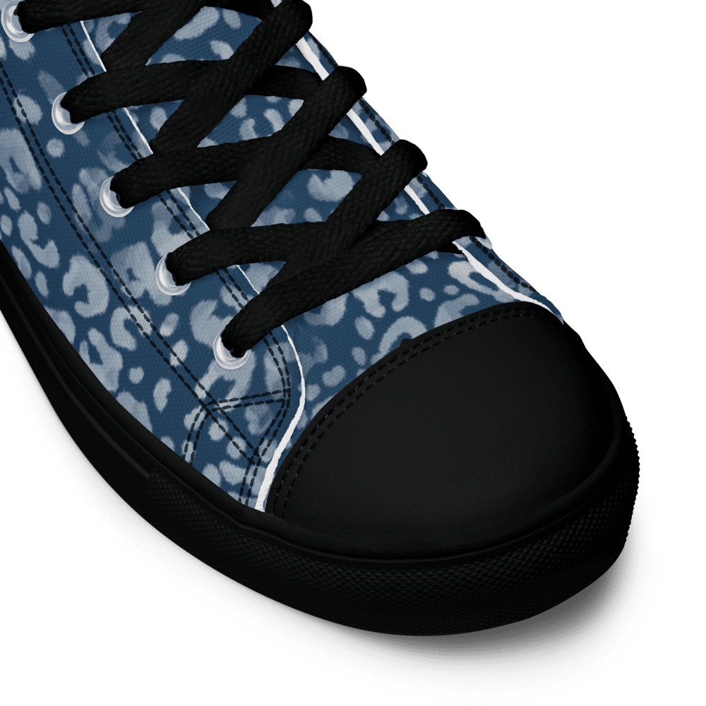 Blue leopard-pattern sneaker with black laces.