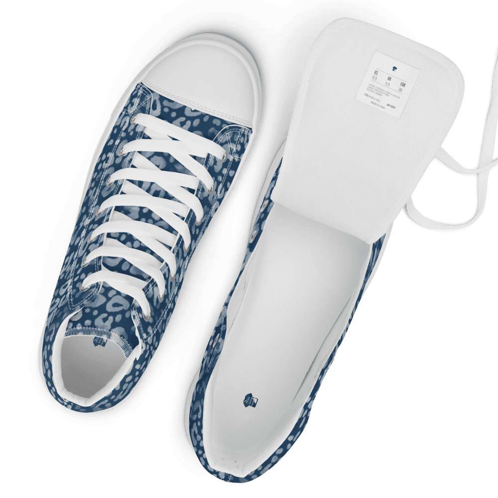 Blue patterned sneakers with white laces.