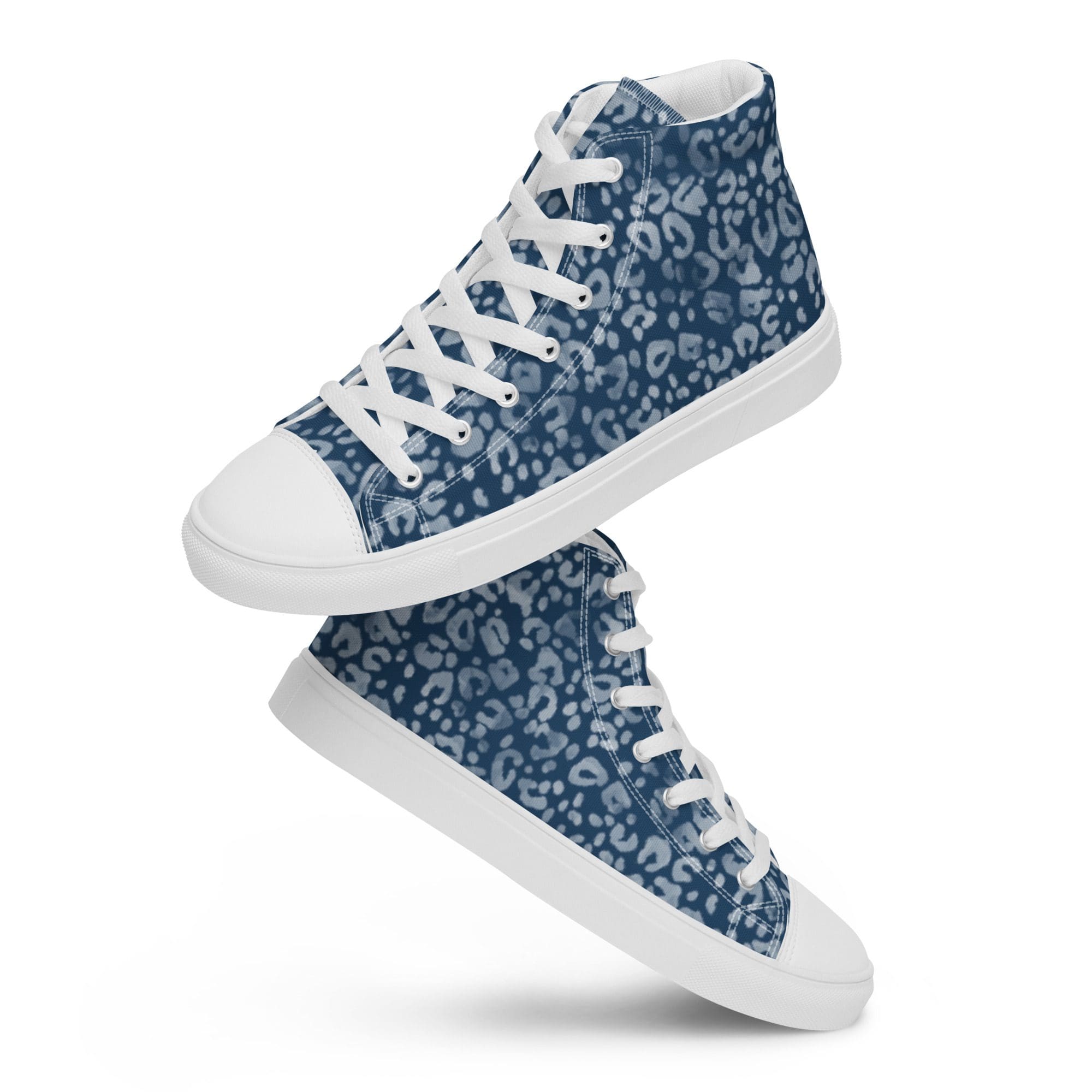 Blue patterned high-top sneakers with laces.