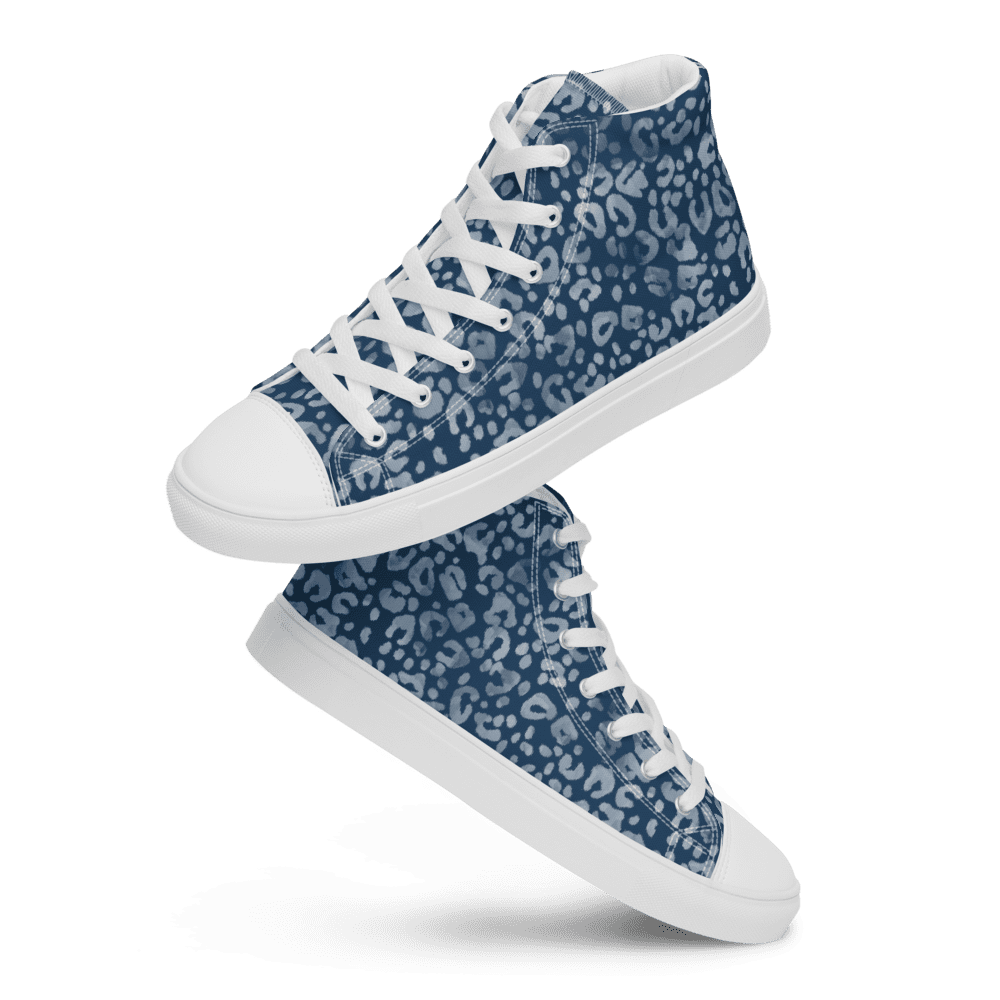 Blue leopard-print high-top sneakers with white soles