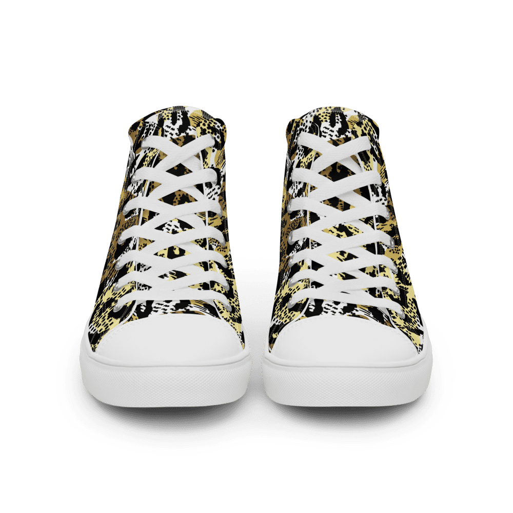 Yellow and black patterned high-top sneakers.