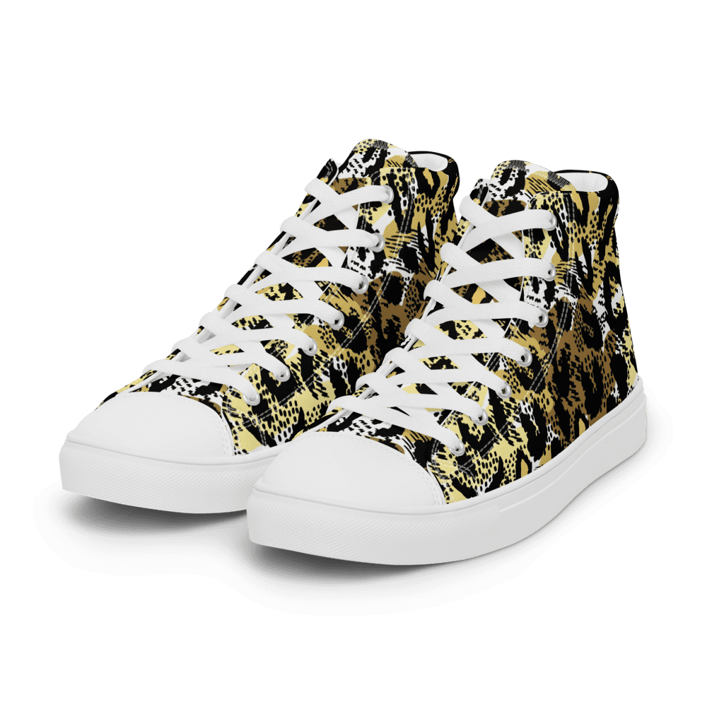 Snake print high-top sneakers on display.