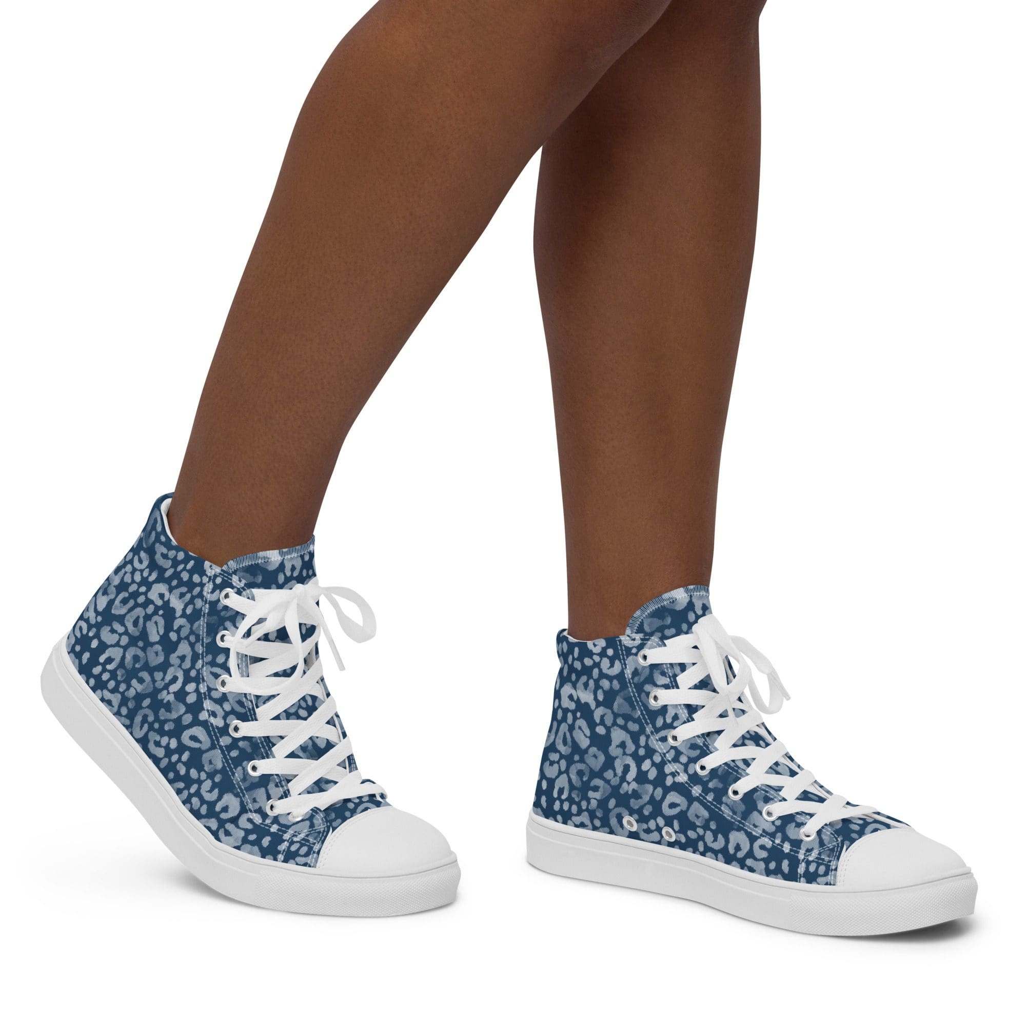 Blue leopard-print high-top sneakers with white laces