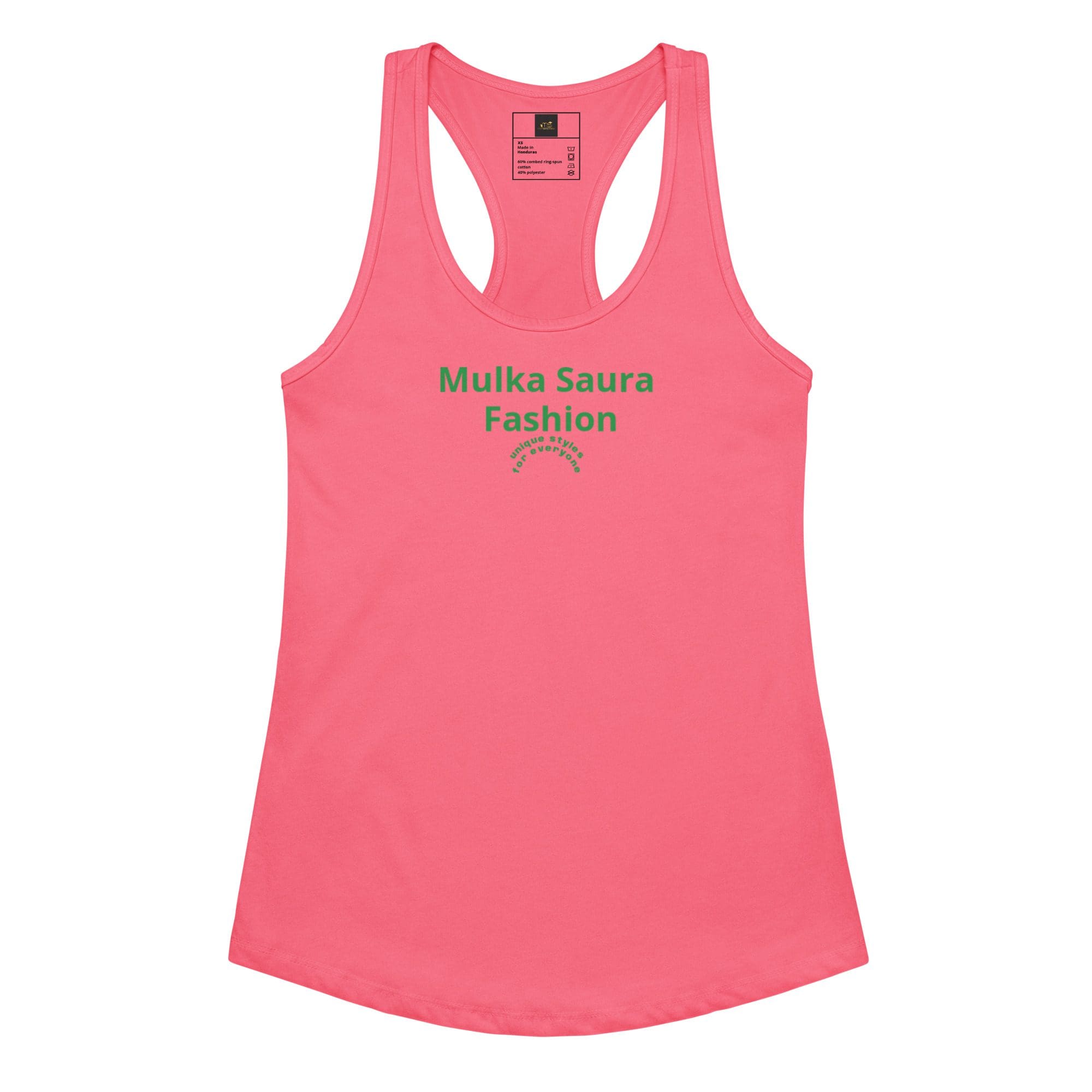 Pink tank top with green text design.