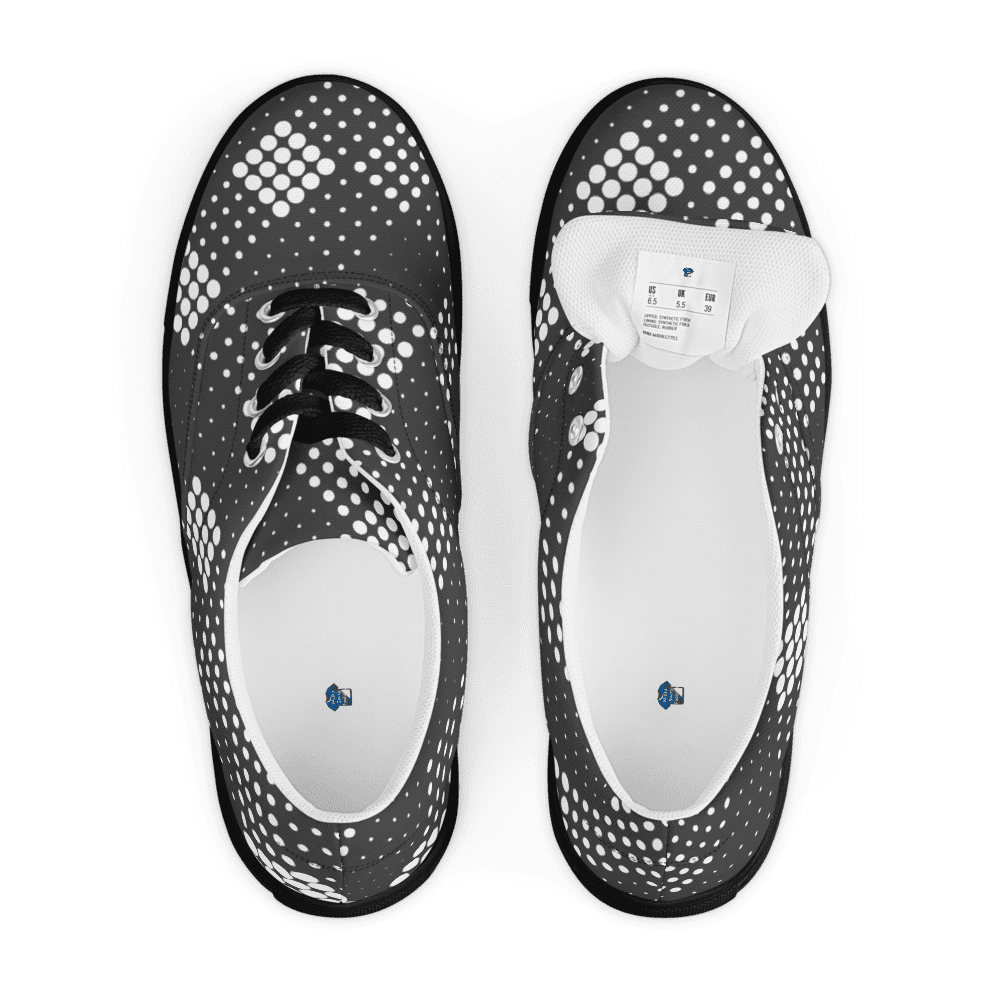 Black and white polka dot shoes overhead.