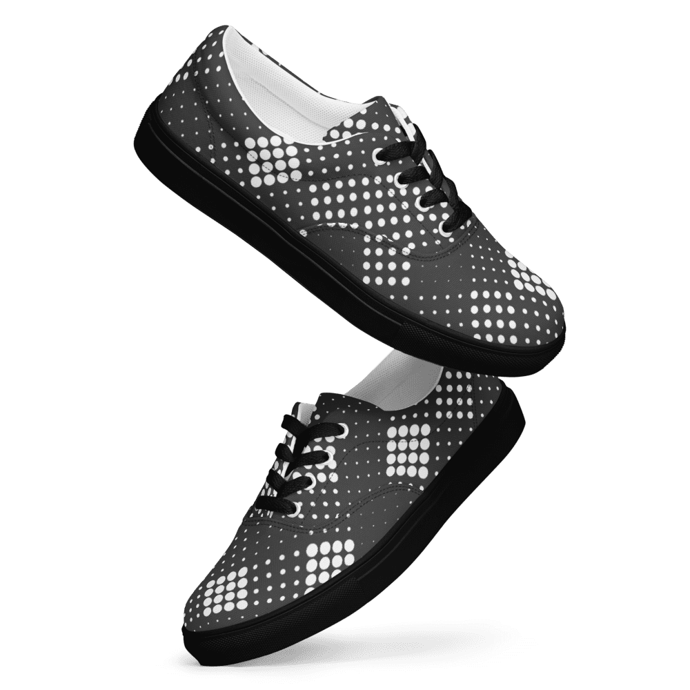 Black canvas sneakers with white halftone dots