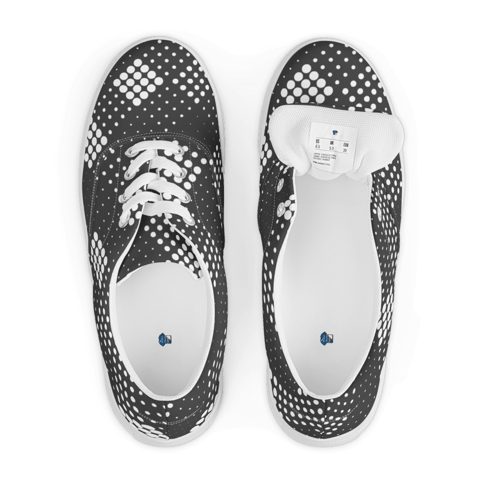 Black and white polka dot patterned sneakers.