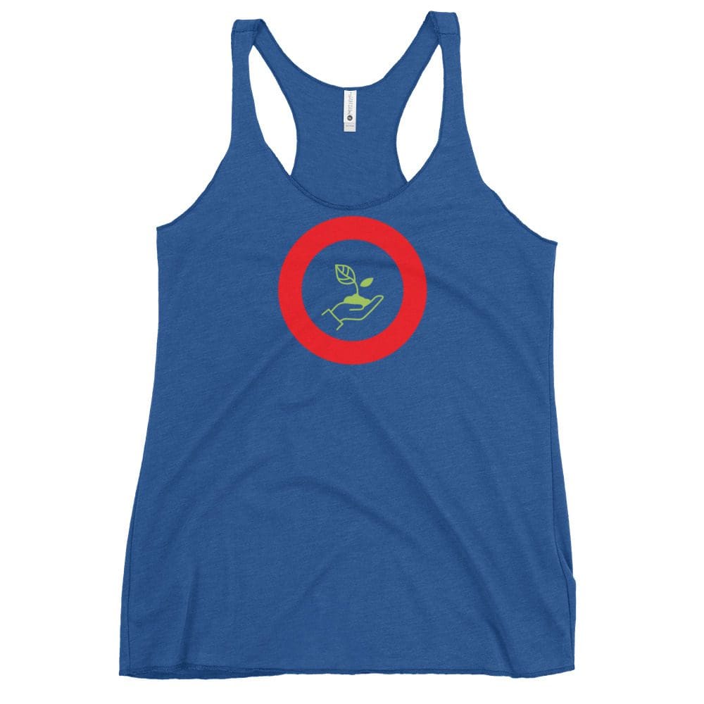 Blue tank top with leaf design logo.
