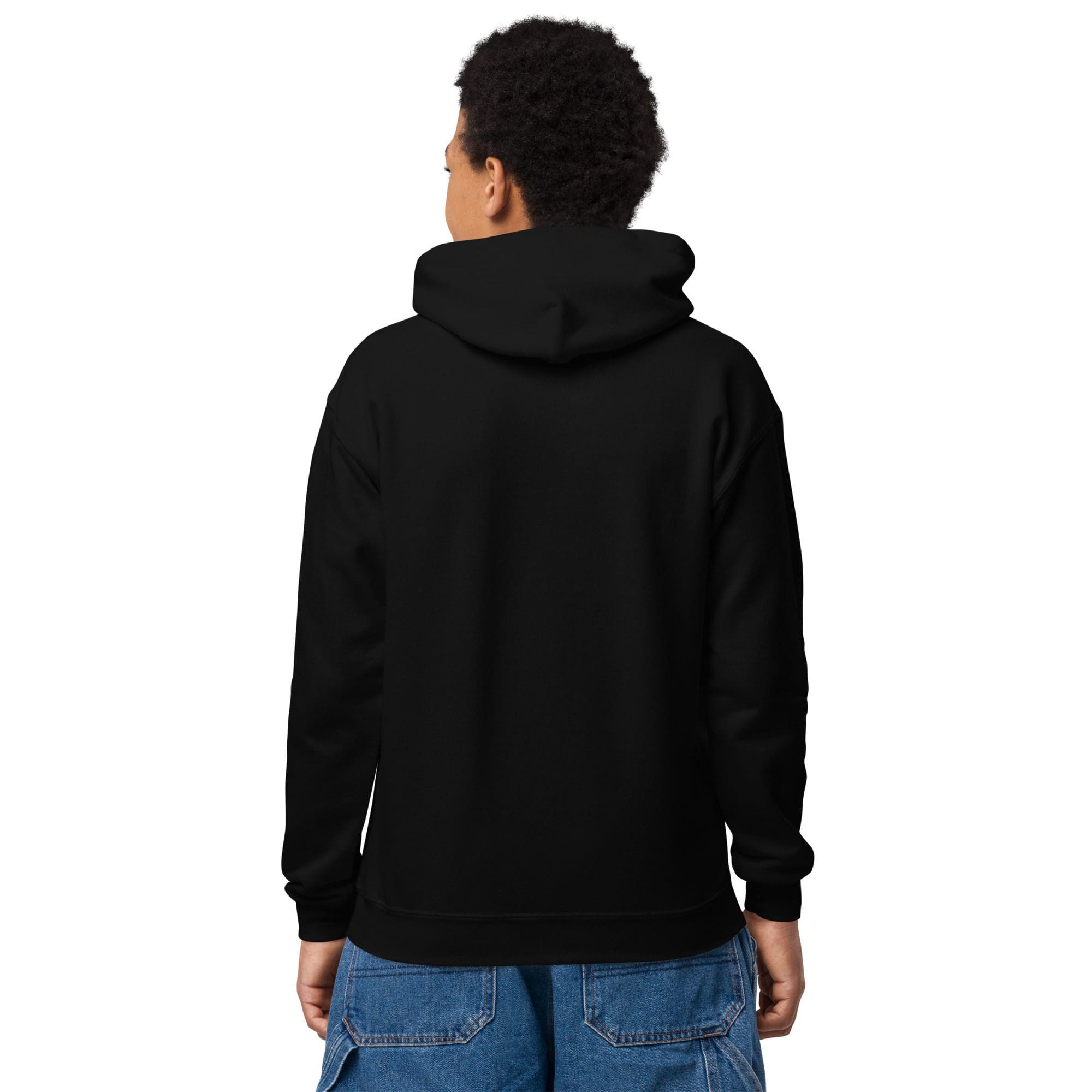 Person wearing black hoodie and blue jeans.