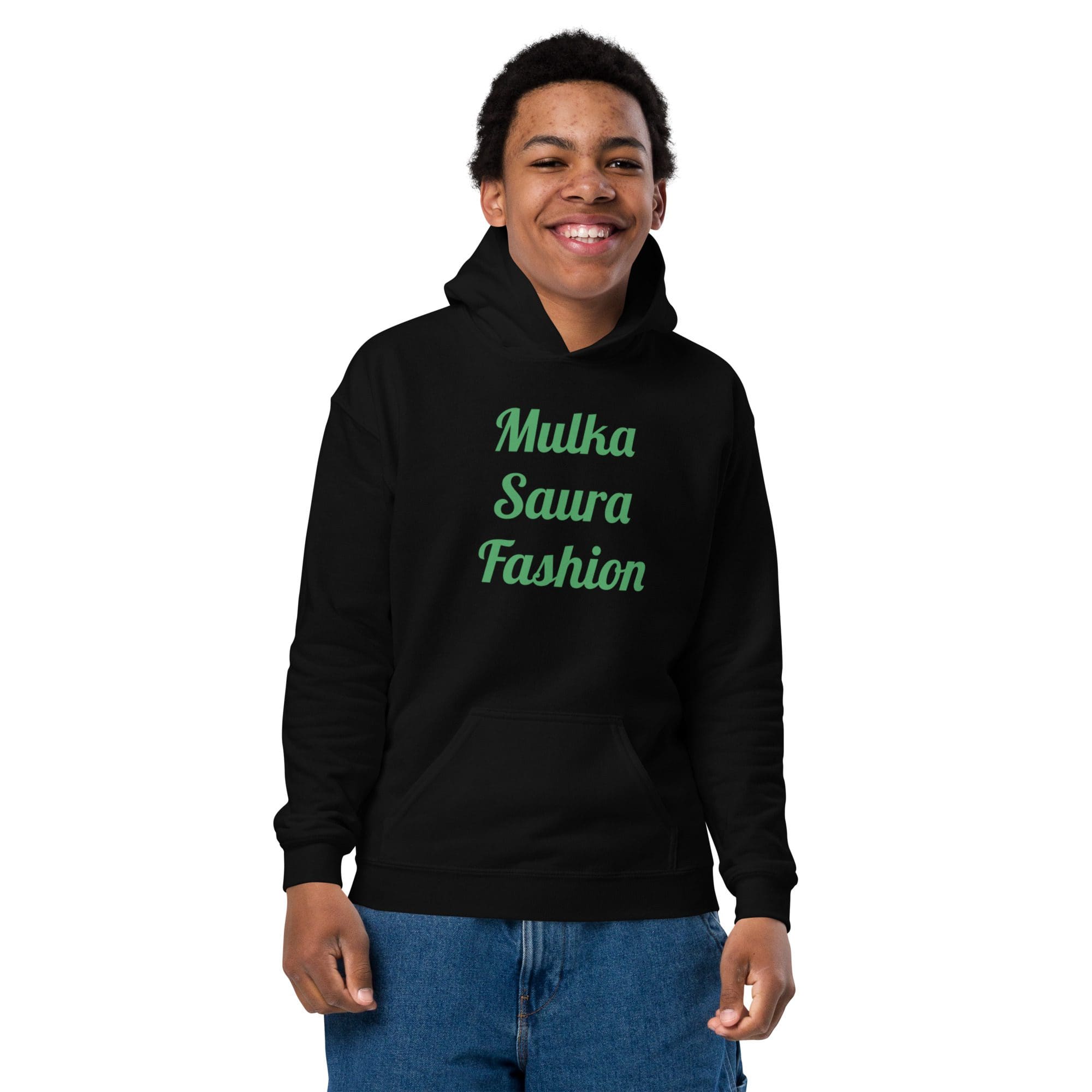 Smiling person wearing "Mulka Saura Fashion" hoodie.