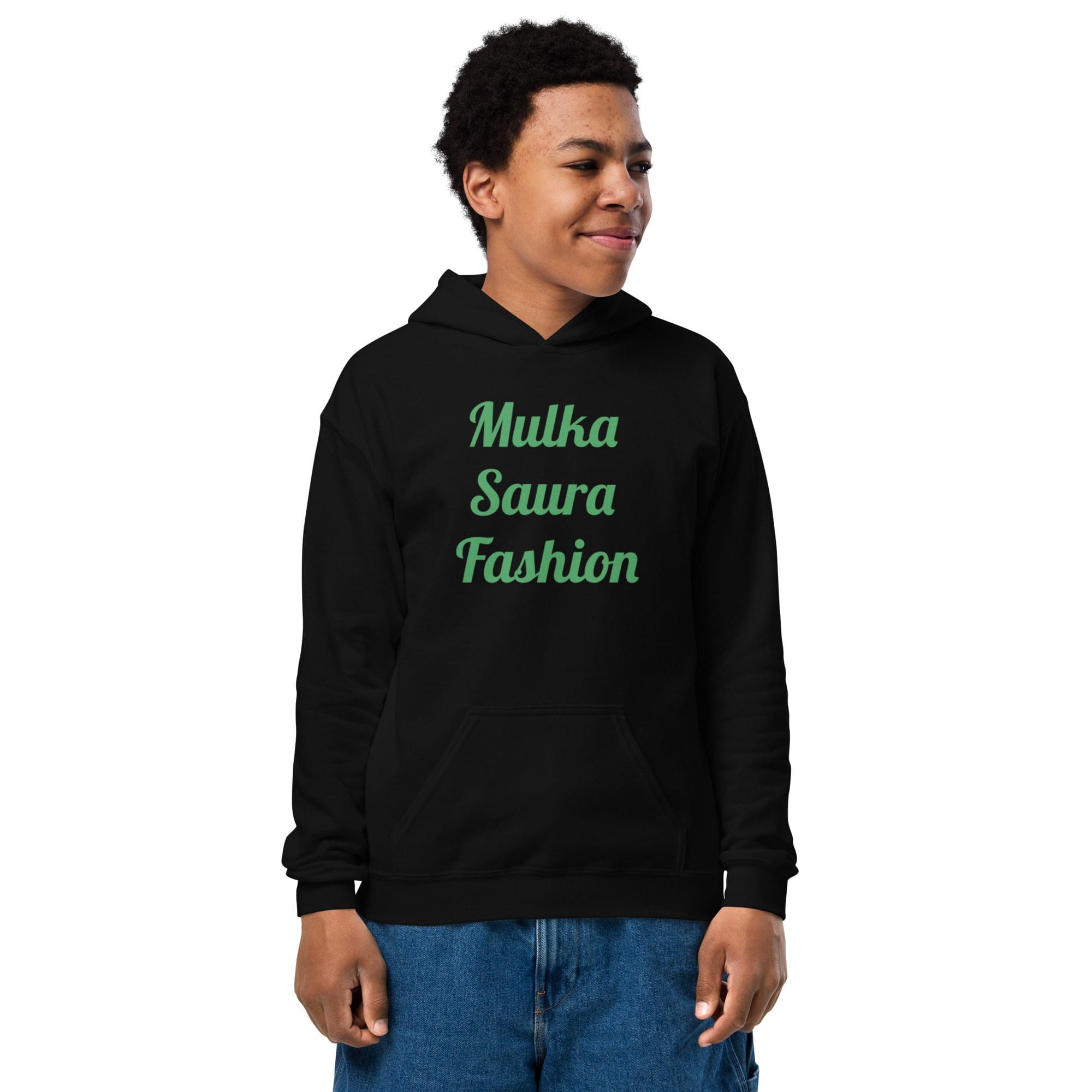 Person wearing black hoodie with green text.