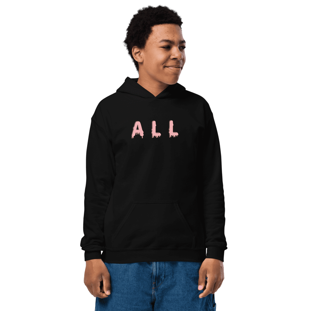 Person wearing black hoodie with "ALL" text.
