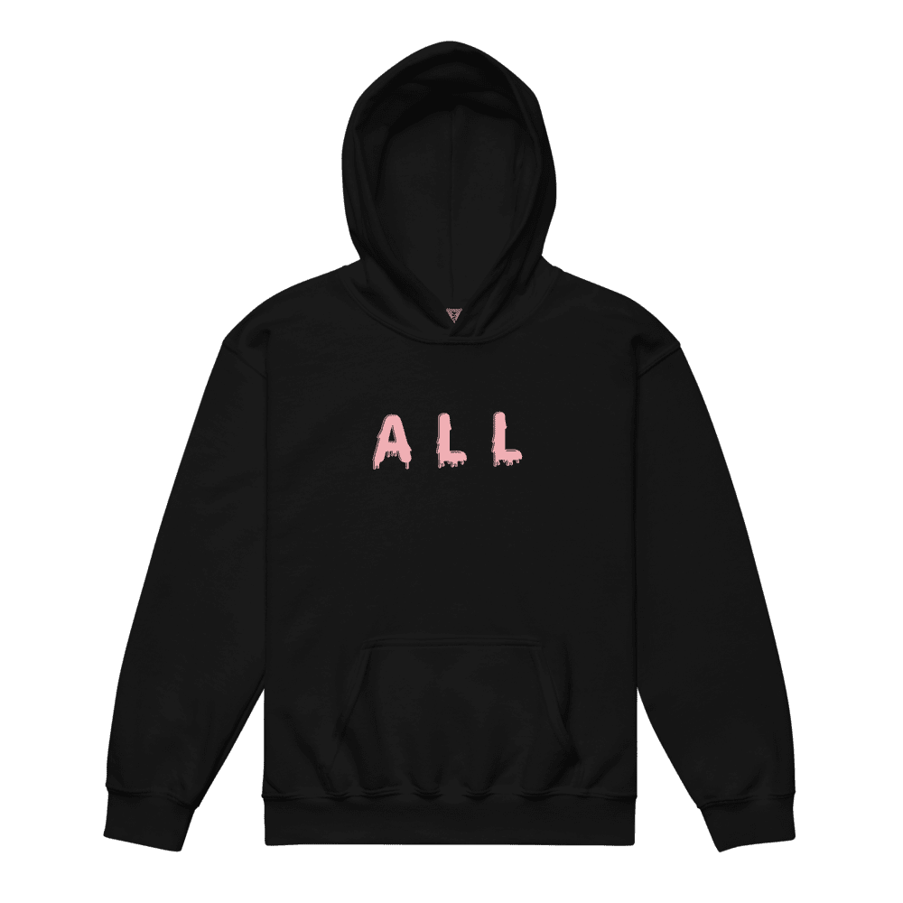 Black hoodie with "ALL" in pink text.