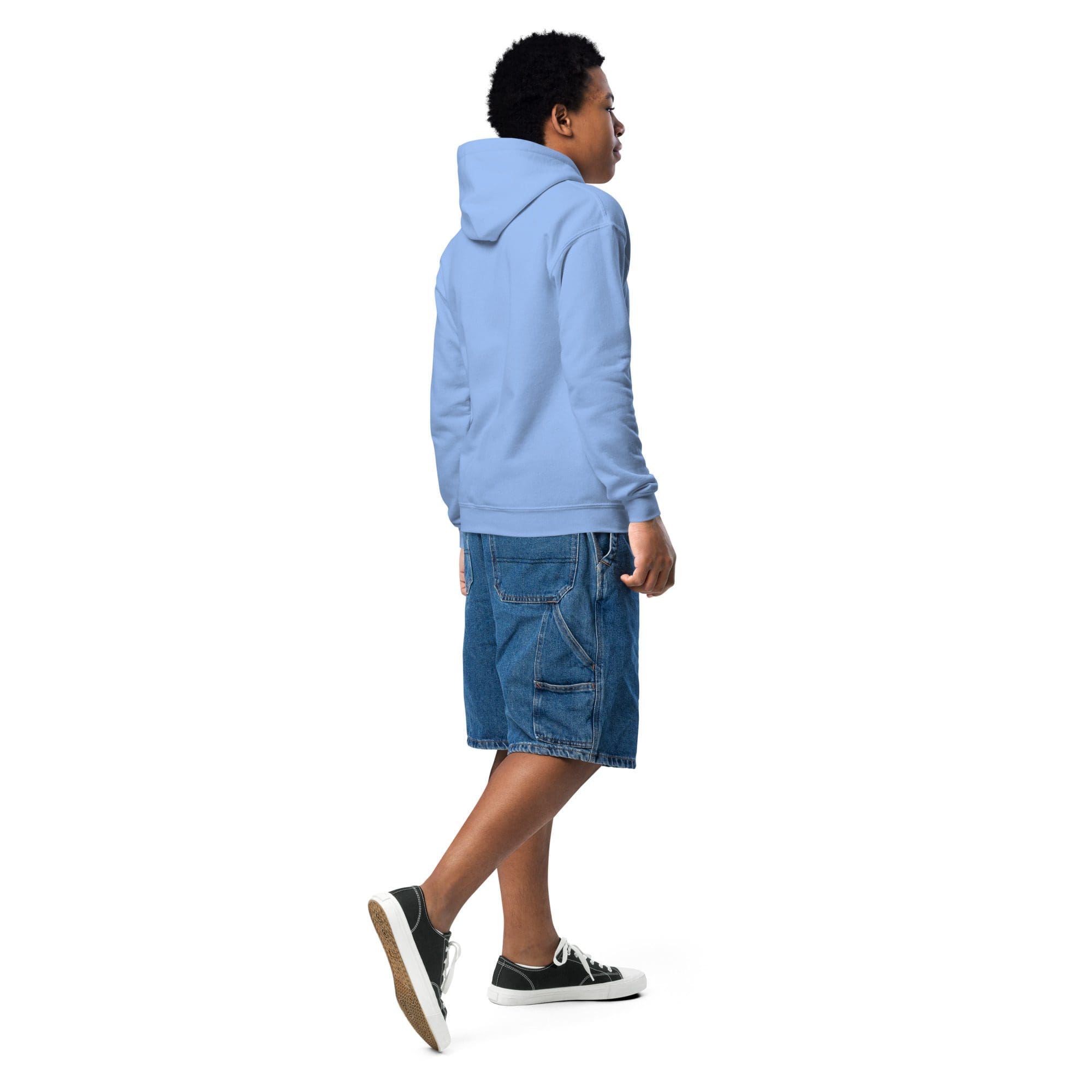 Youth walking in light blue hoodie
