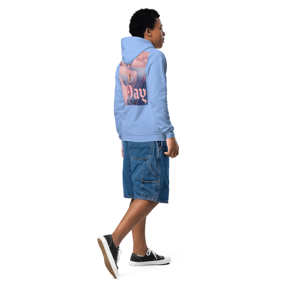 Person wearing blue hoodie and denim shorts.