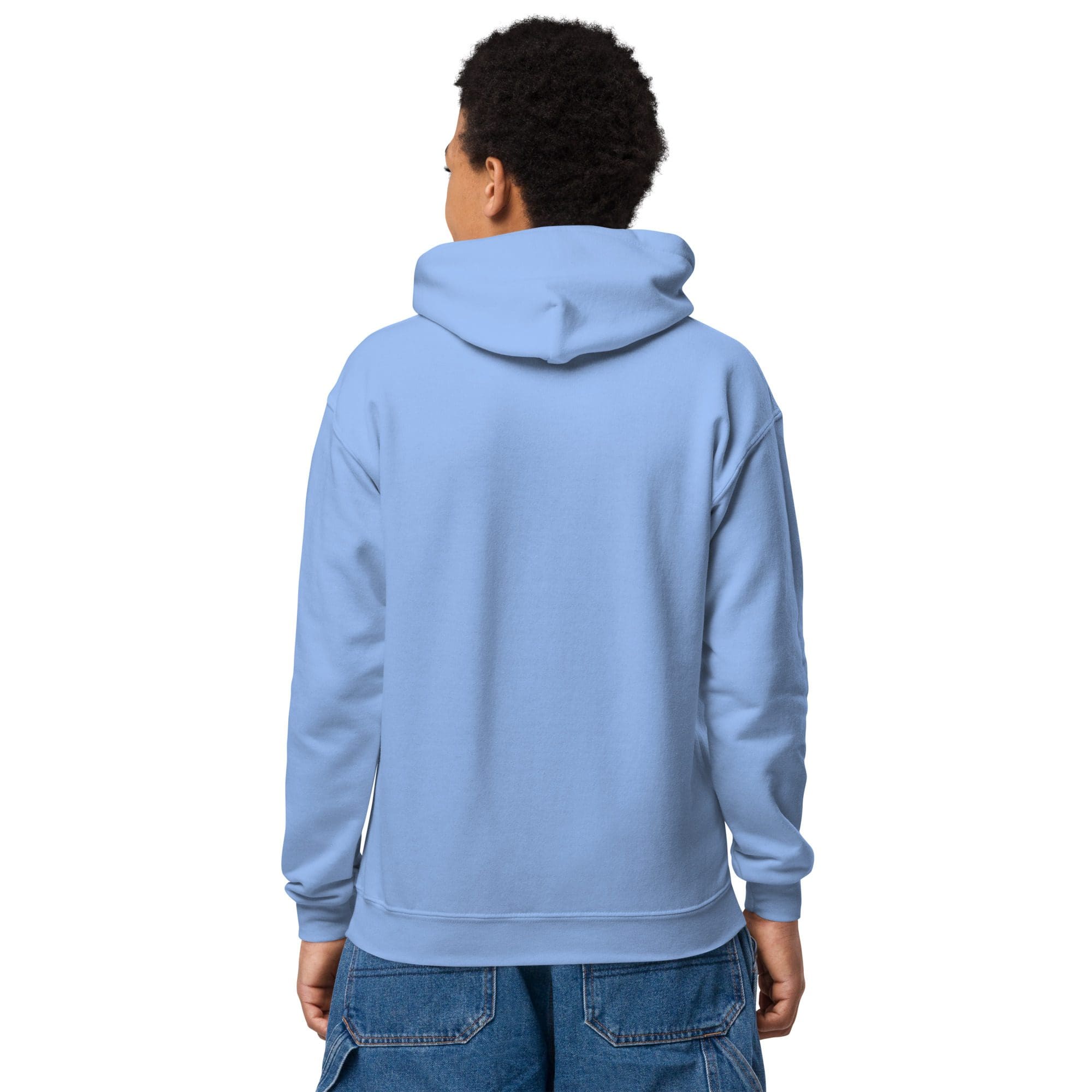 Person wearing blue hoodie and jeans.