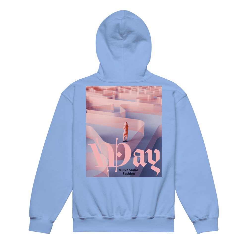 Blue hoodie with maze design on back.