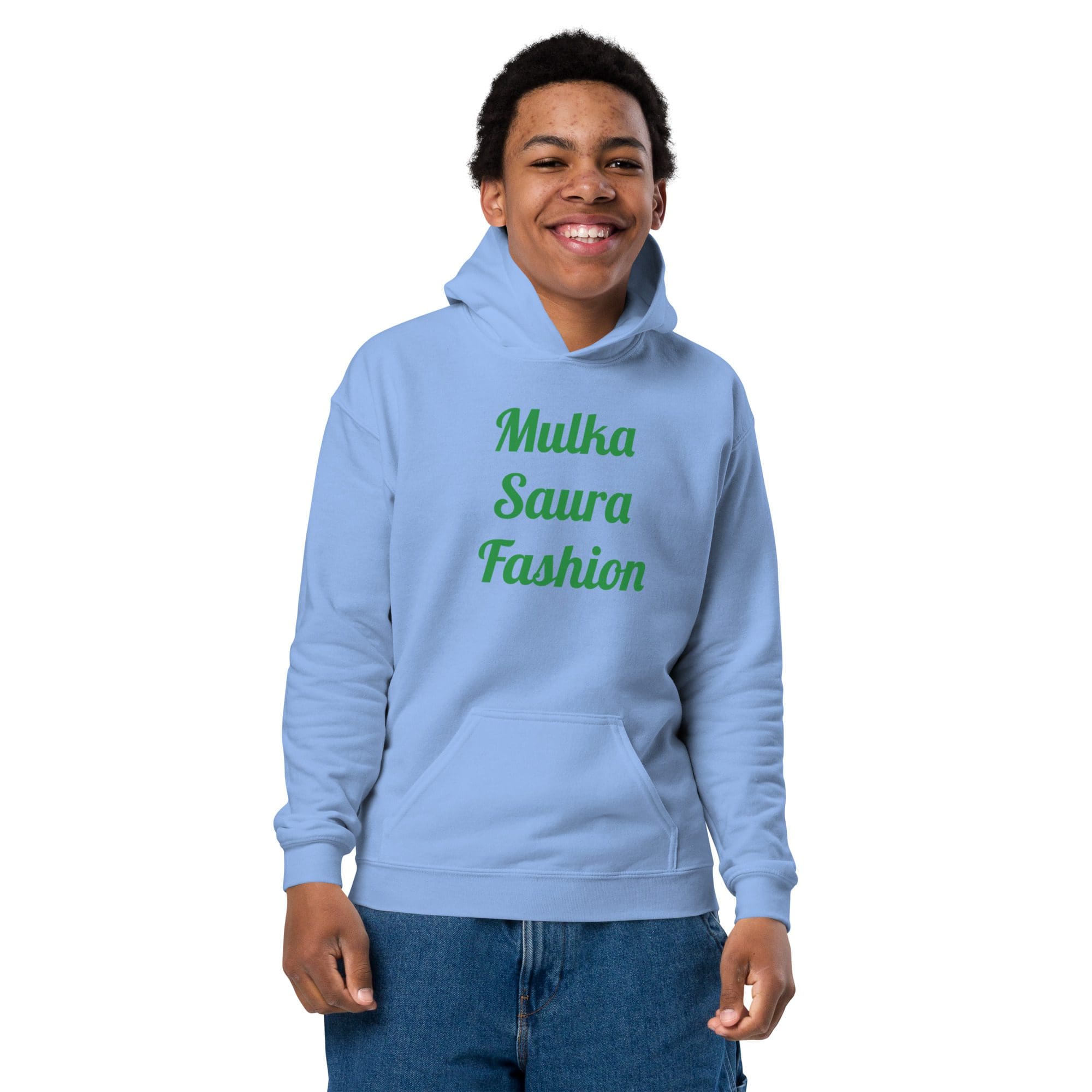Smiling person in blue "Mulka Saura Fashion" hoodie.
