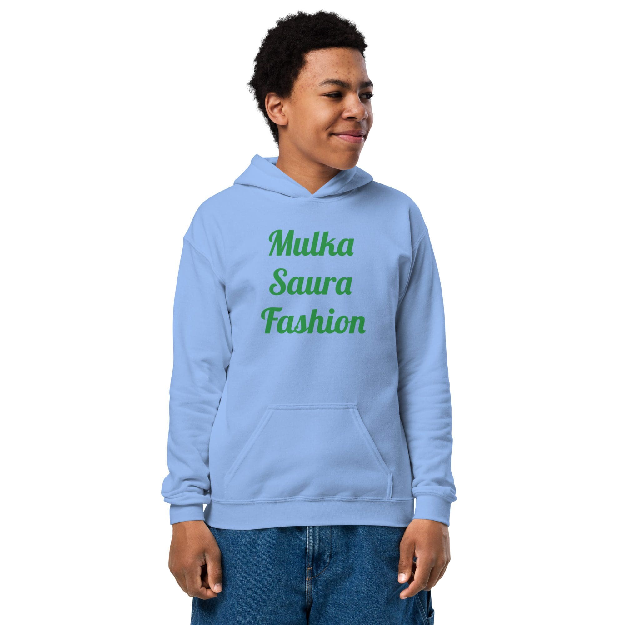 Person wearing a light blue hoodie.
