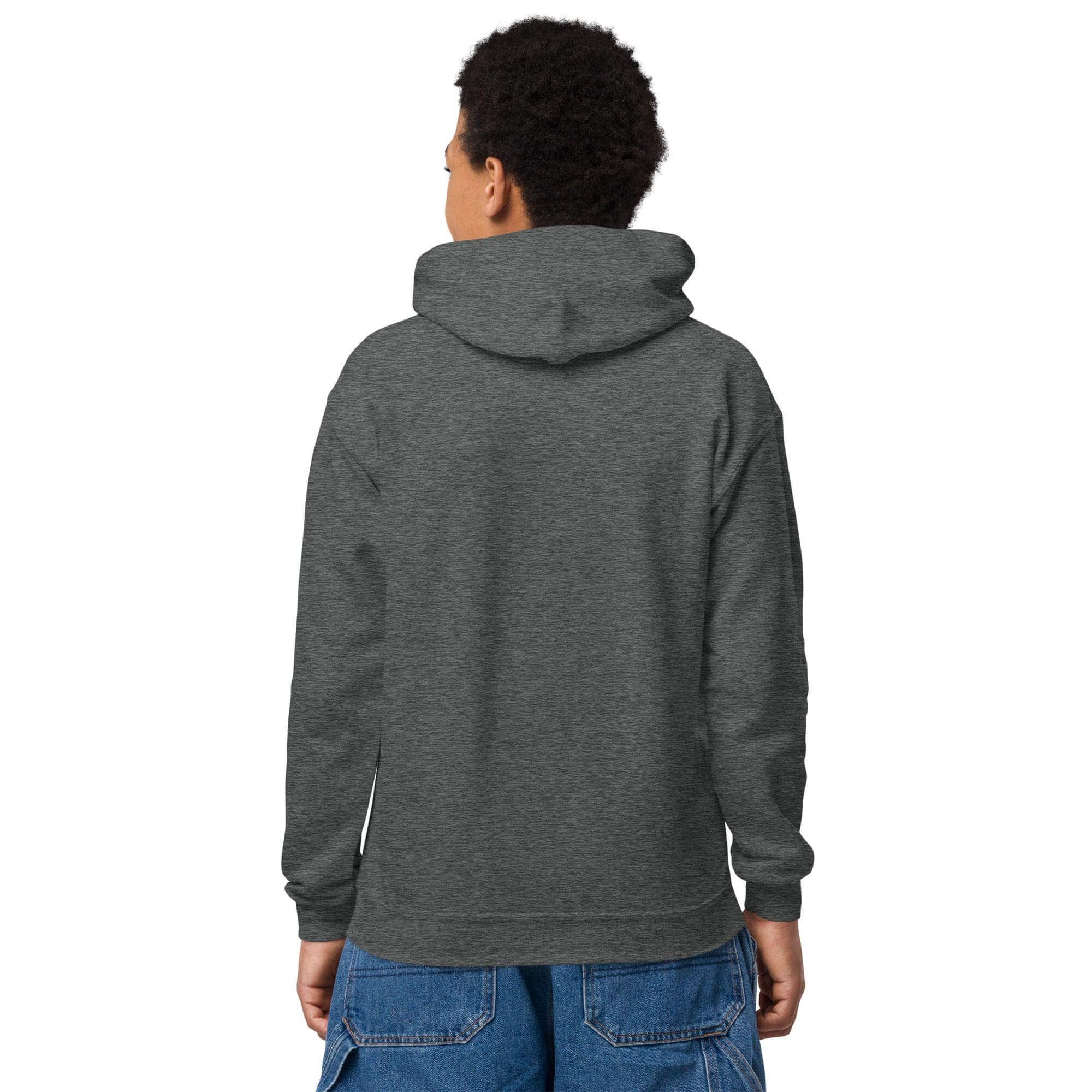 Person wearing gray hoodie and blue jeans.