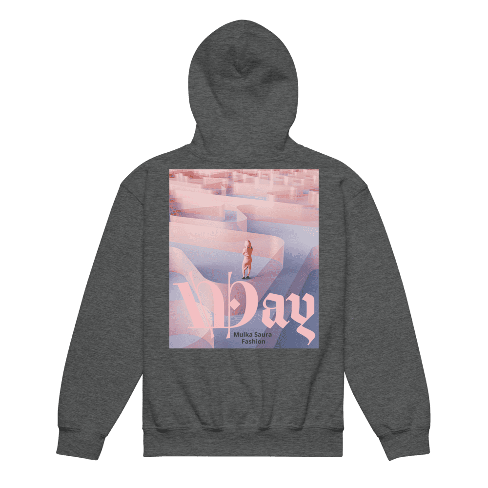 Dark hoodie with abstract pink design print.