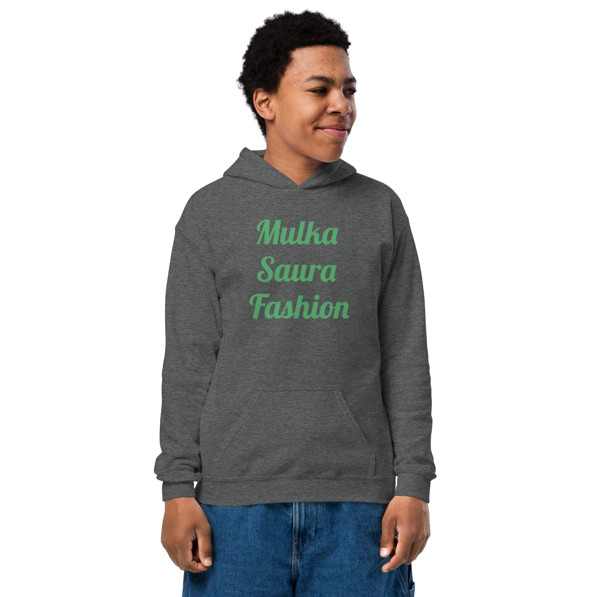 Person wearing gray hoodie with green text.