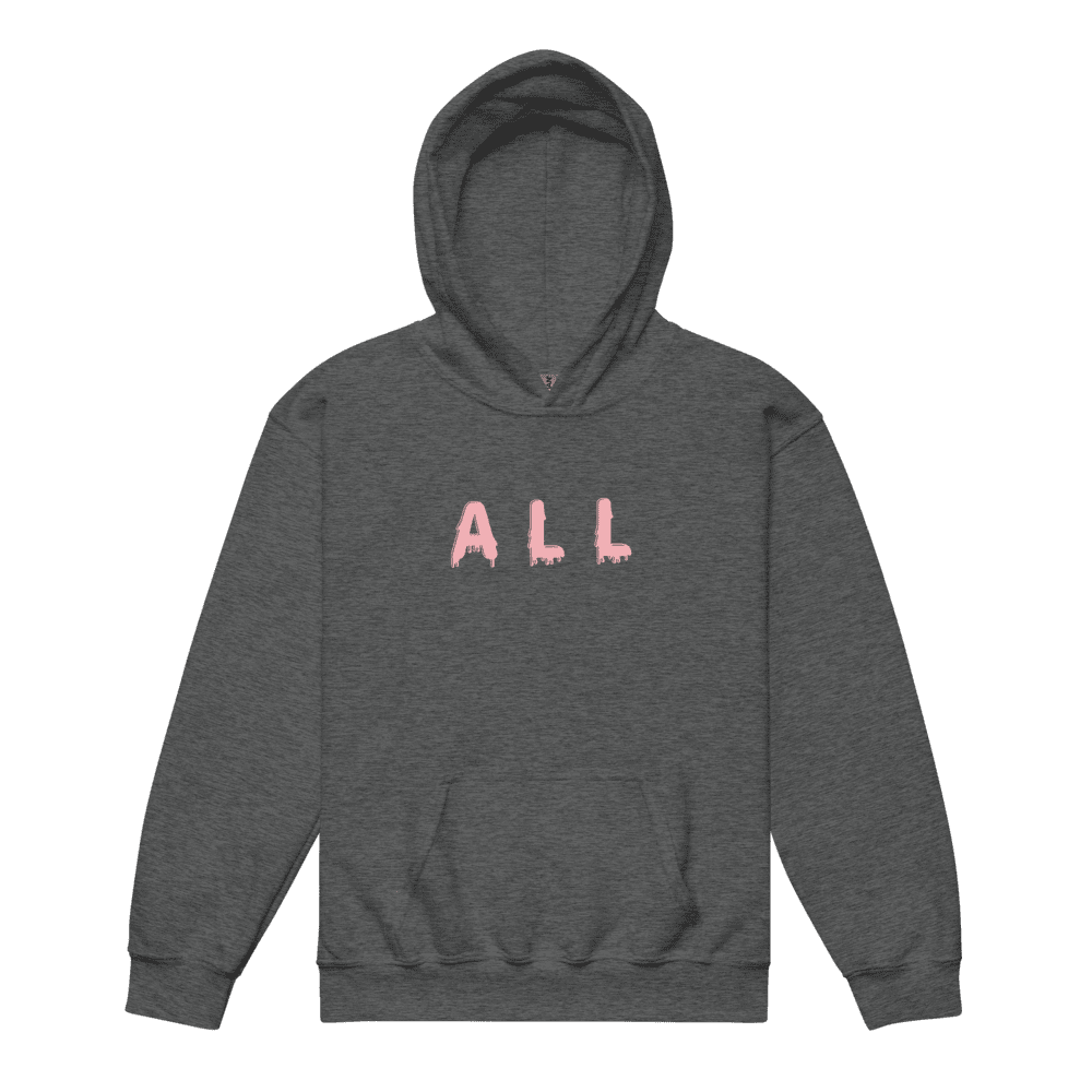 Gray hoodie with pink "ALL" text.