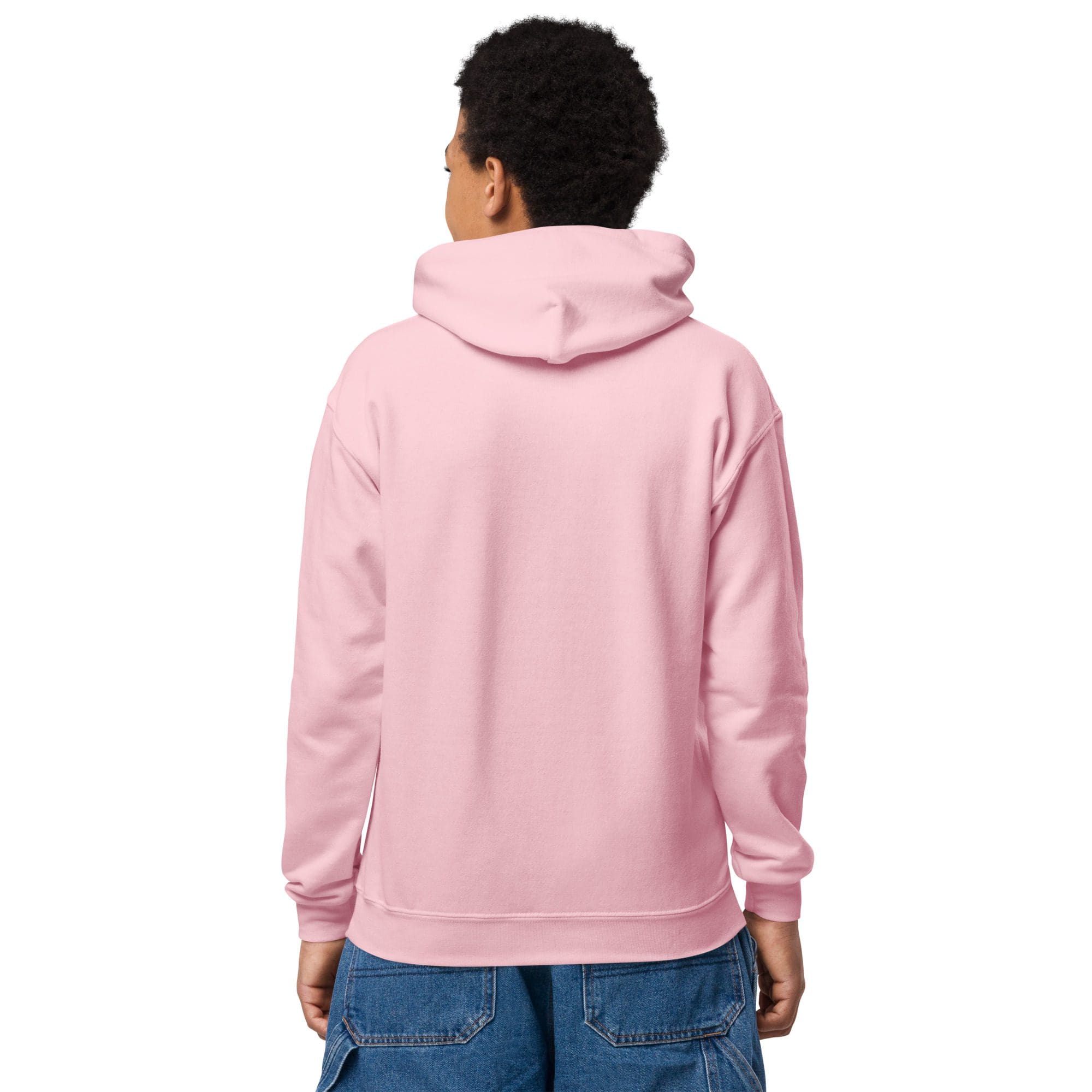 Person wearing pink hoodie and blue jeans.