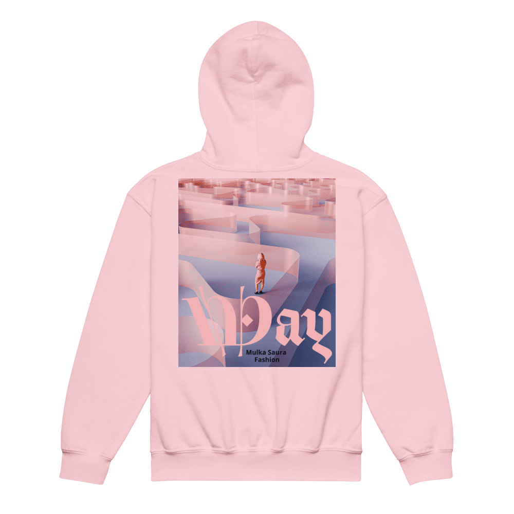 Pink hoodie with artistic graphic design.