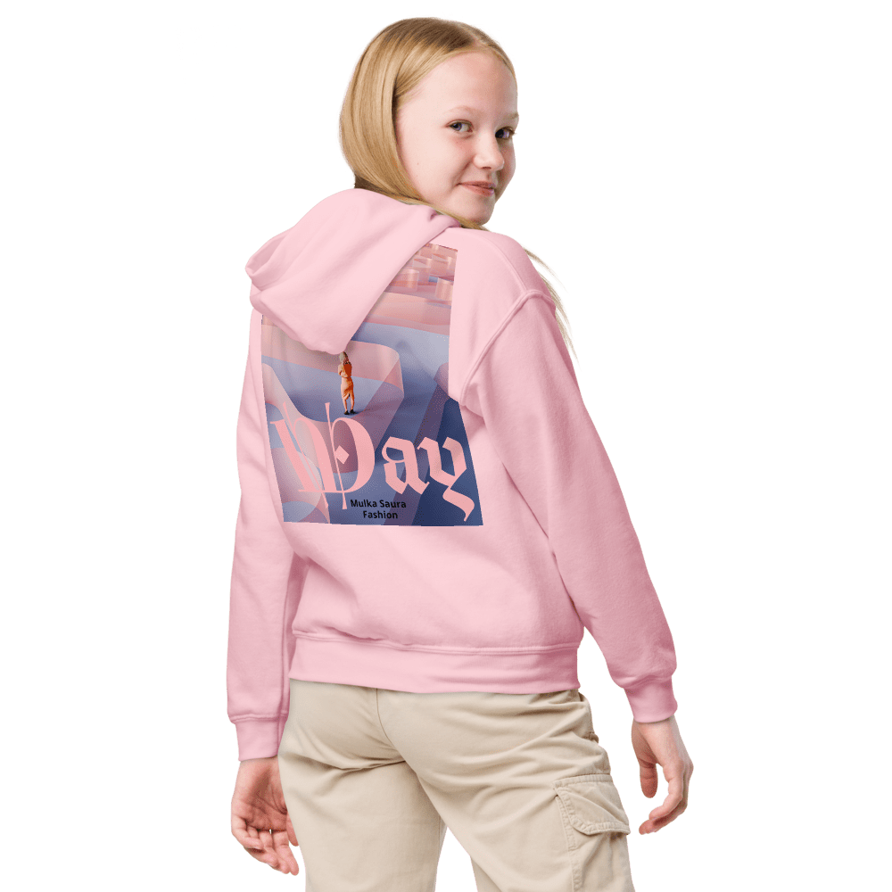 Girl wearing pink hoodie with graphic design.