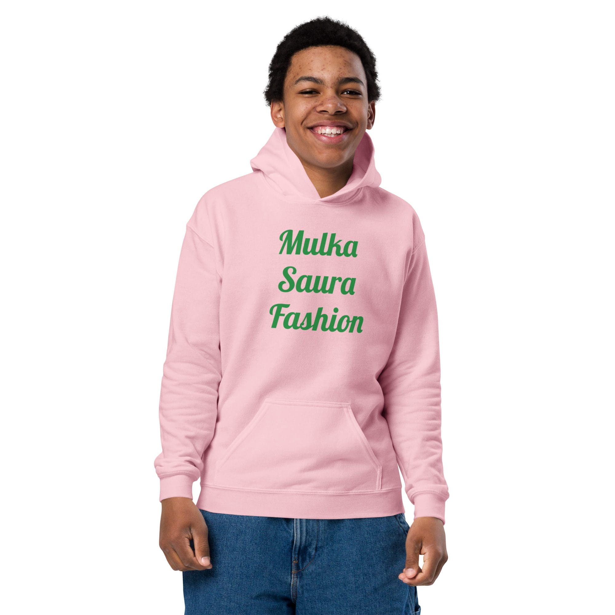 Smiling person in pink "Mulka Saura" hoodie.