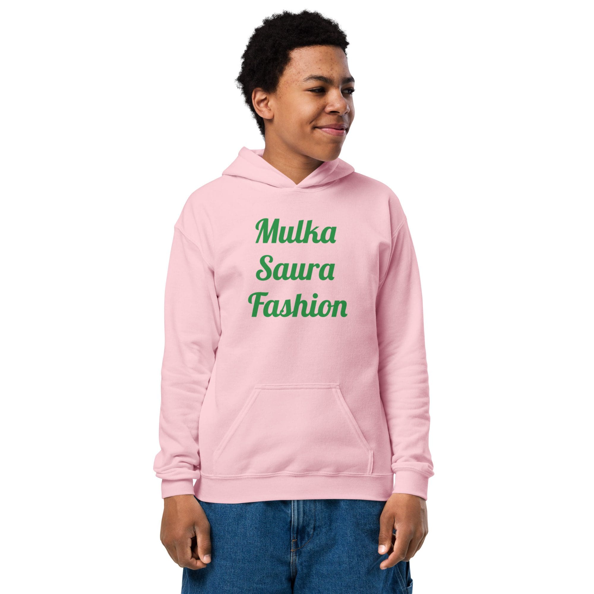 Person wearing pink hoodie, blue jeans.