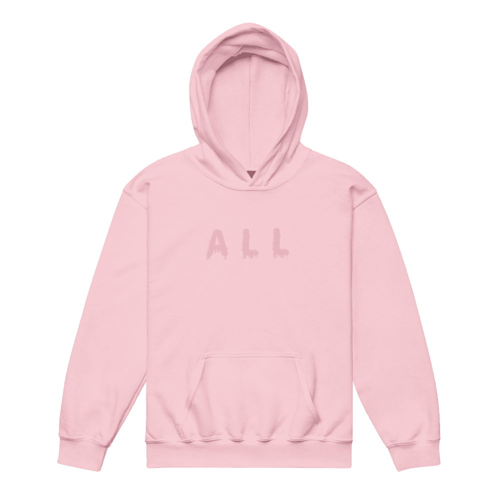 Pink hoodie with "ALL" text design.