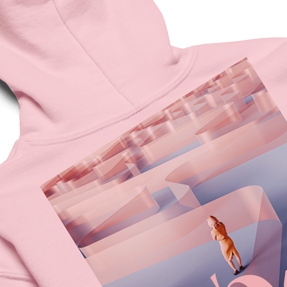 Pink hoodie with abstract maze design.