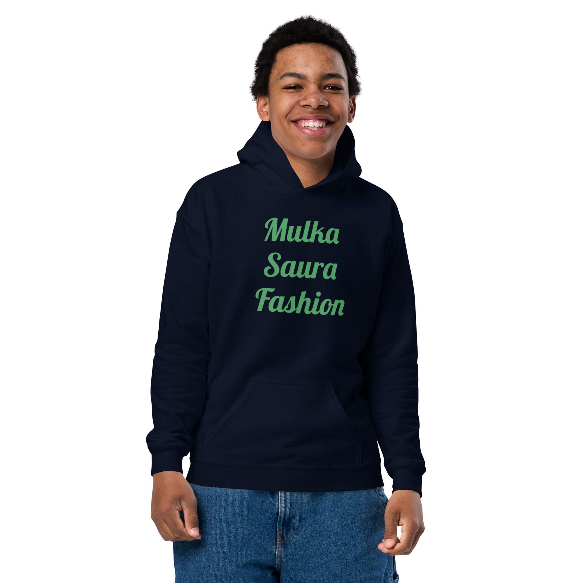 Smiling person in "Mulka Saura Fashion" hoodie.