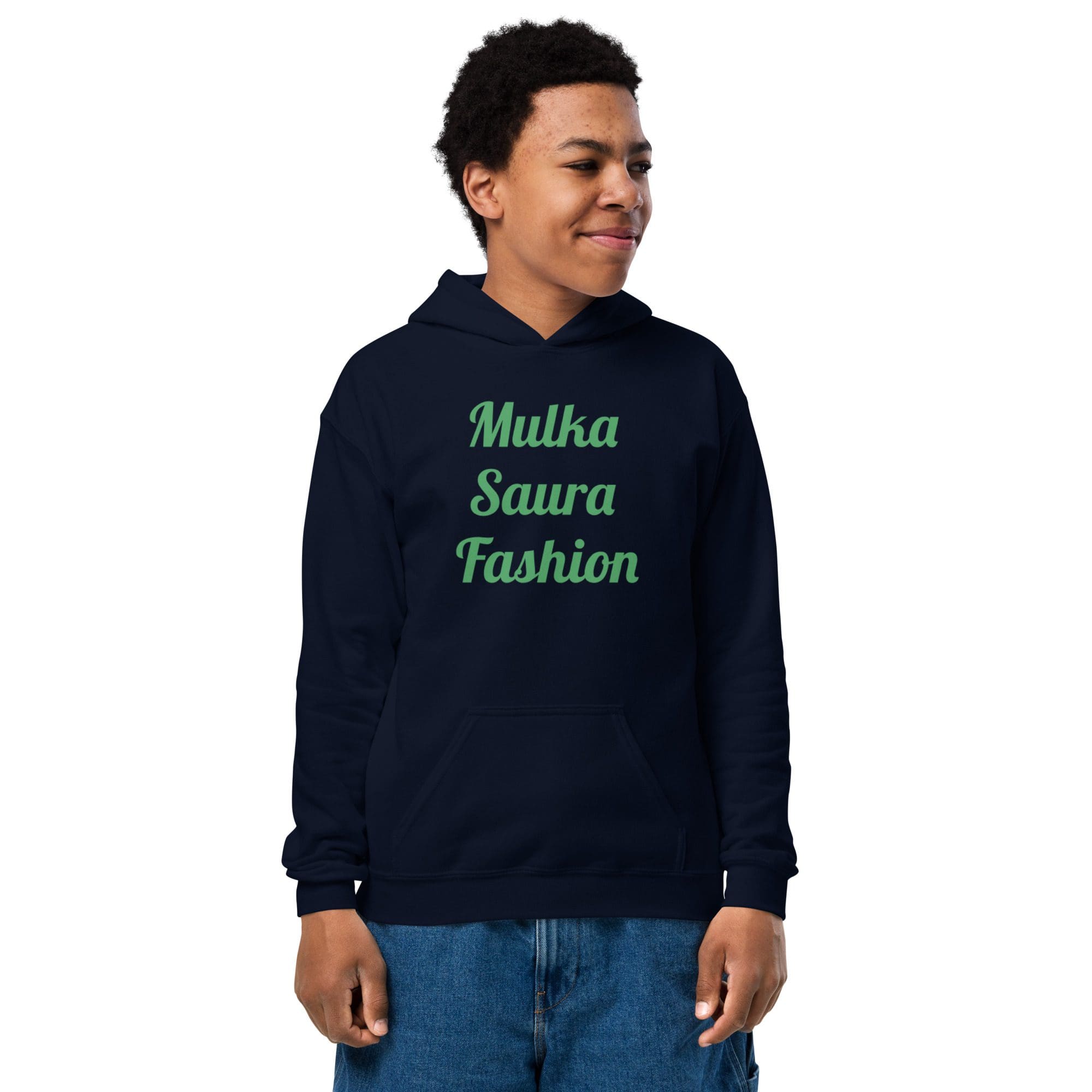 Person wearing "Mulka Saura Fashion" hoodie.