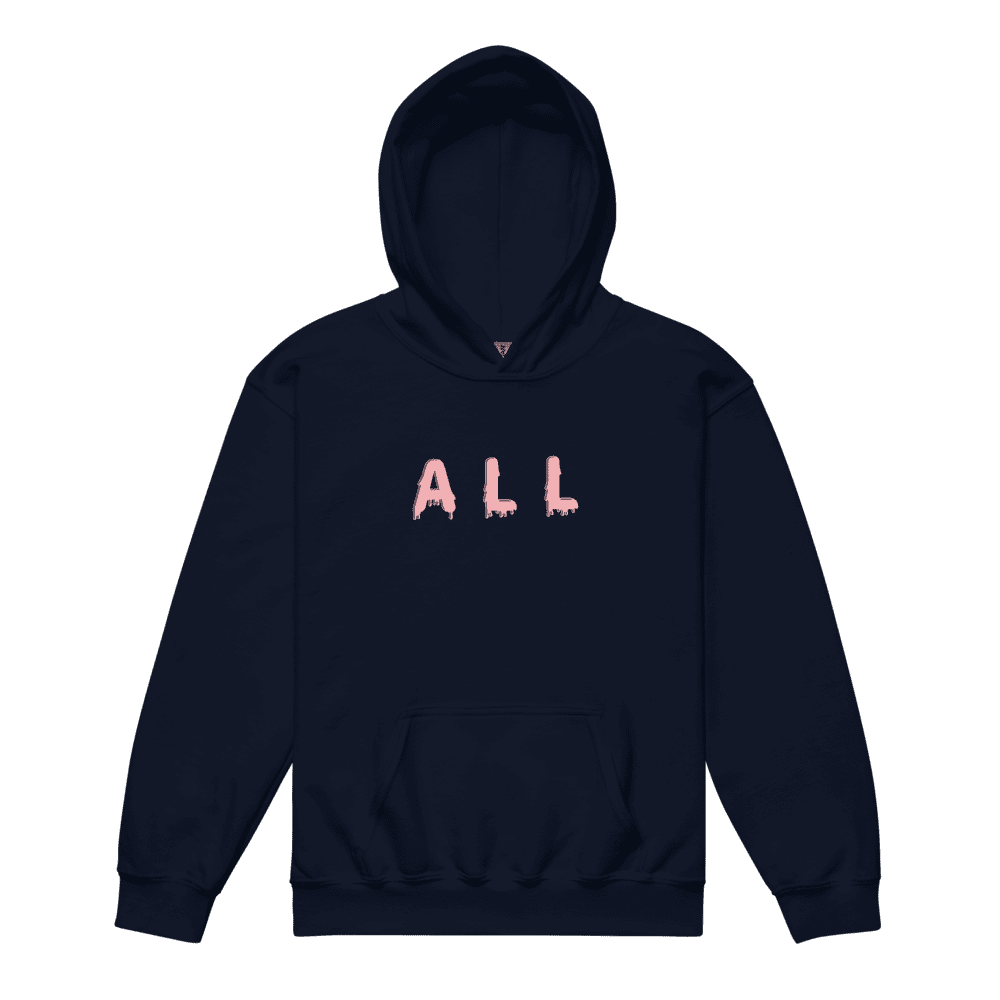 Black hoodie with "ALL" in pink letters.