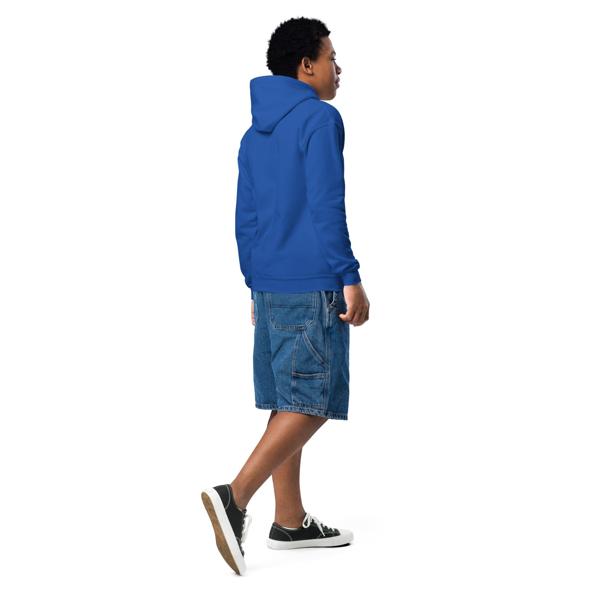Person in blue hoodie and denim shorts.