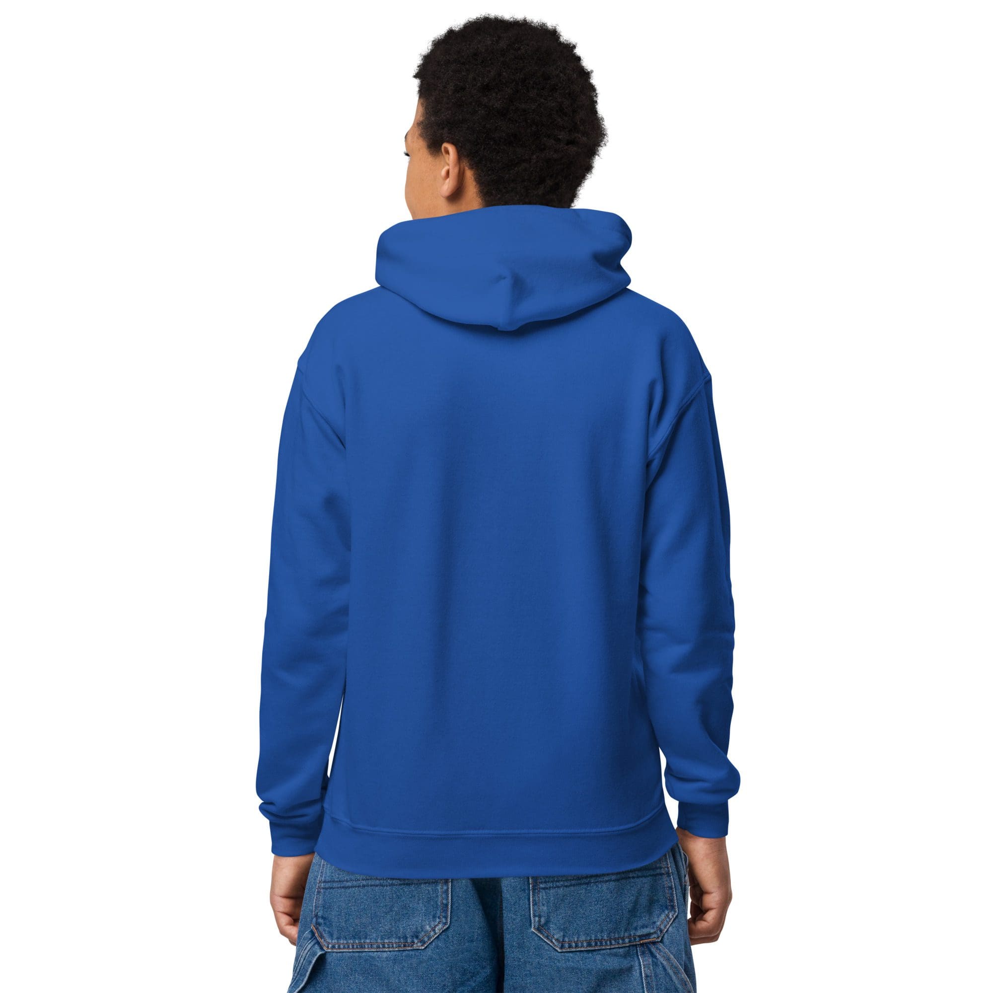 Person wearing a blue hoodie, facing away.
