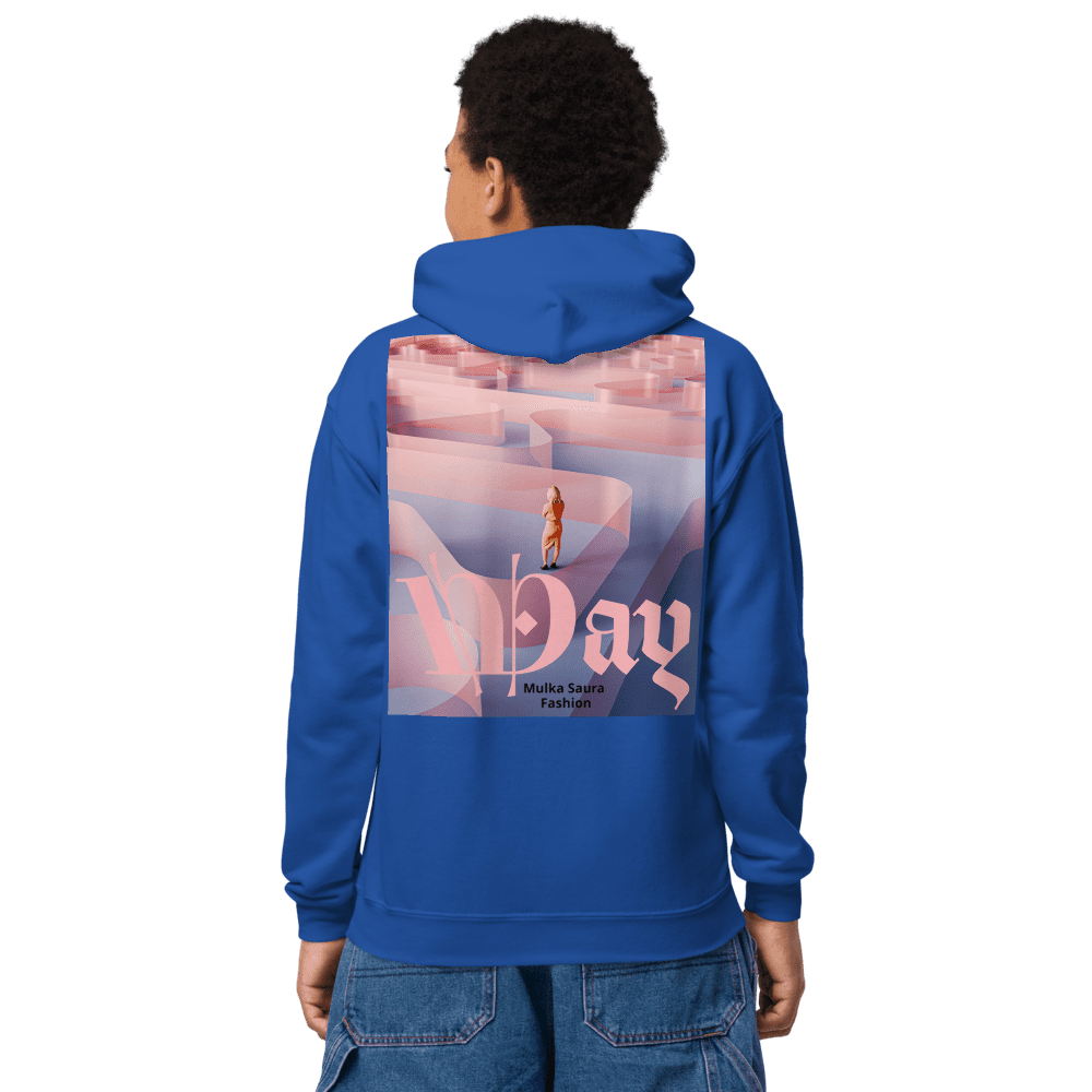 Person wearing blue hoodie with maze design.