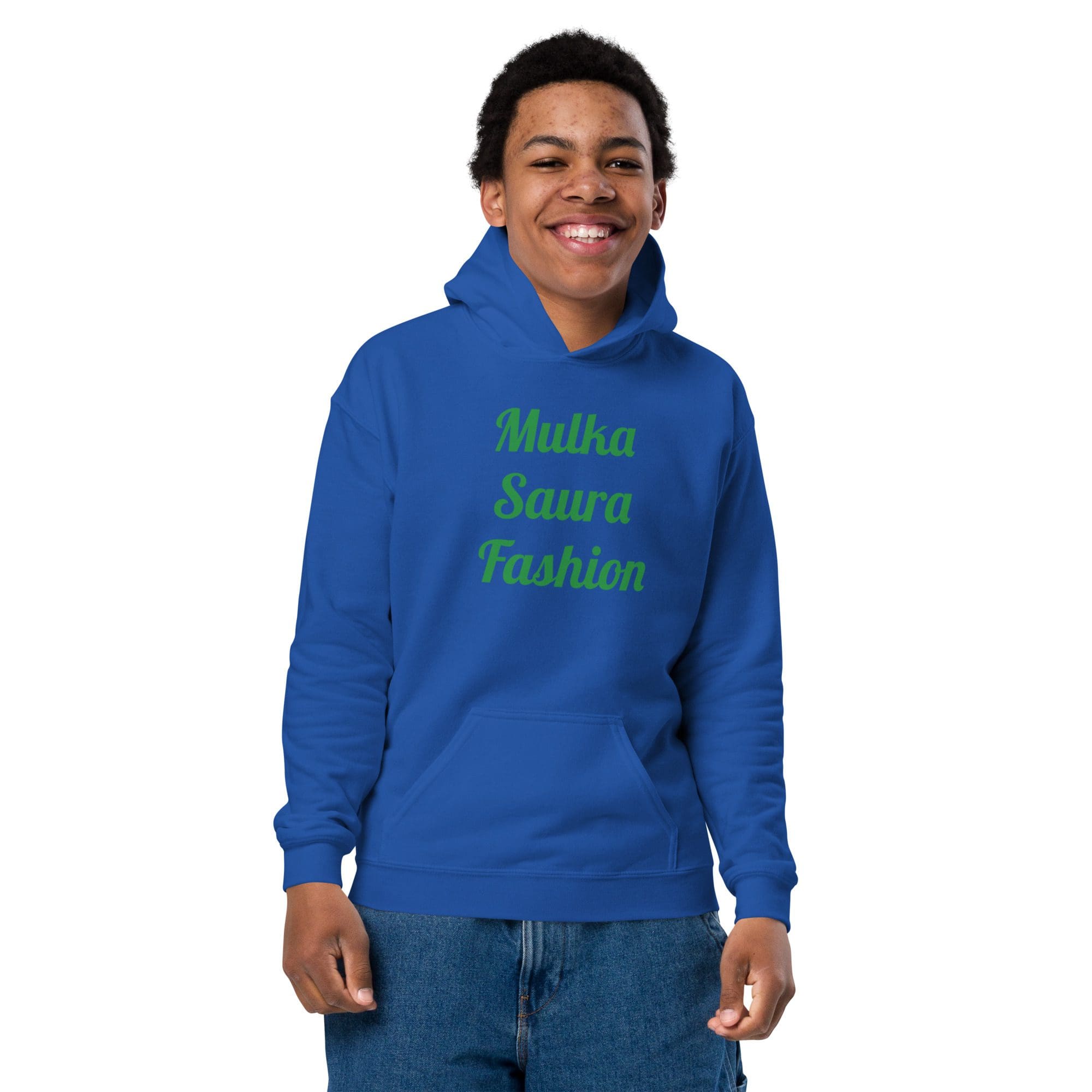 Smiling person in blue hoodie, green text.