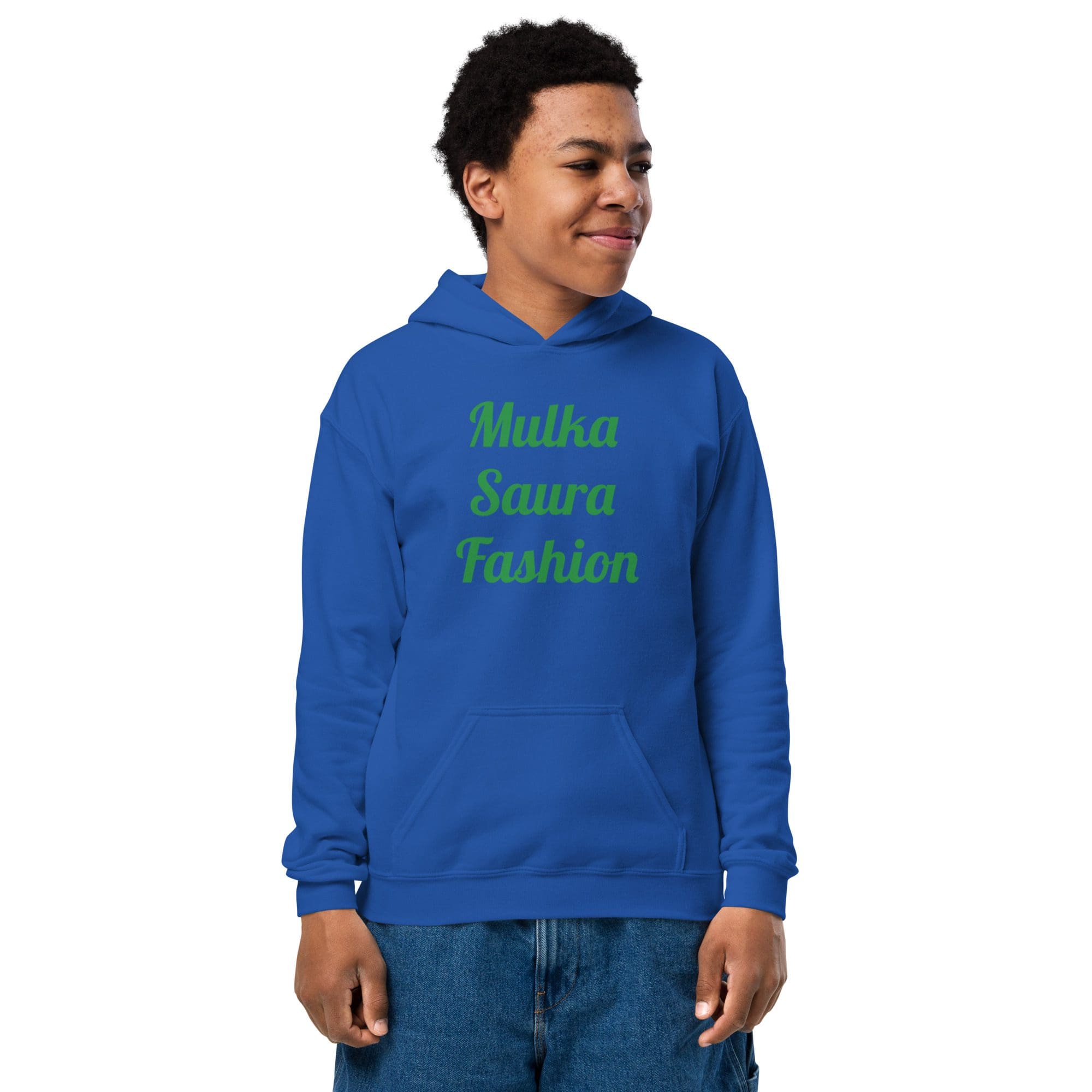Person wearing blue "Mulka Saura Fashion" hoodie.