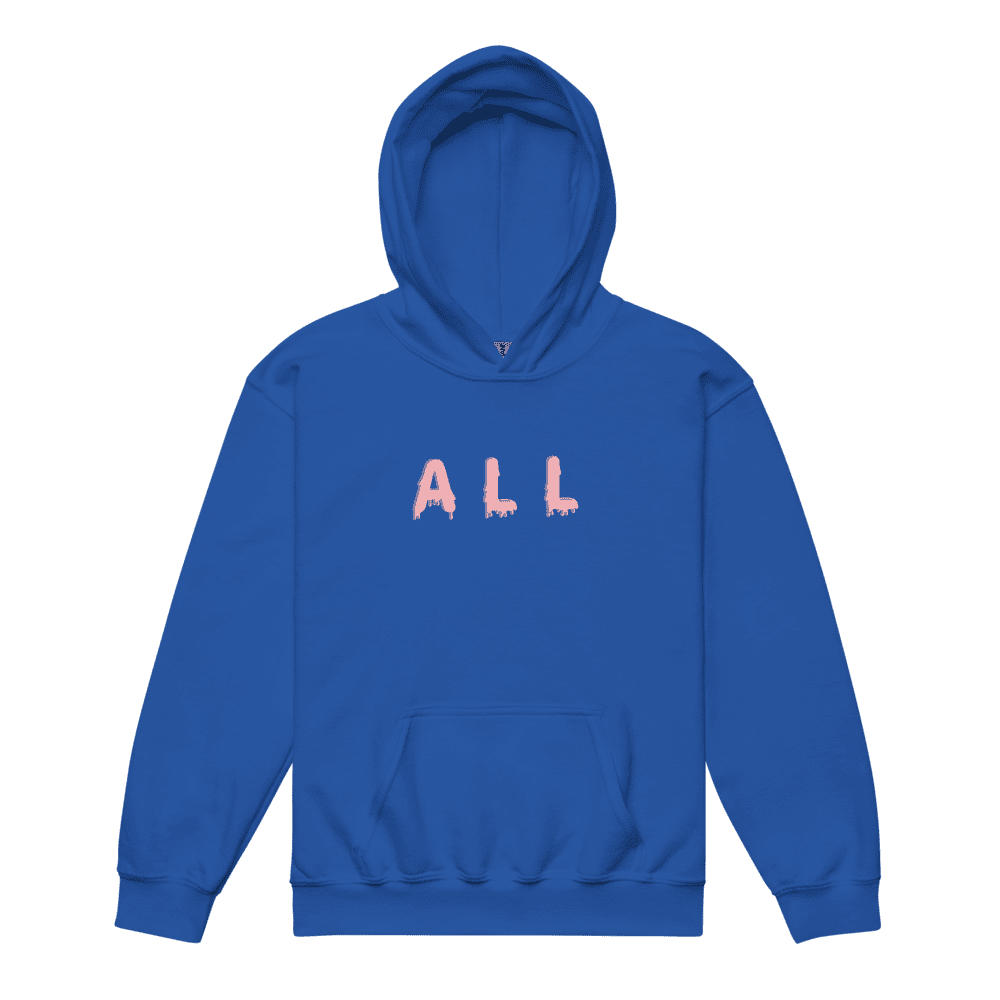 Blue hoodie with "ALL" in pink.