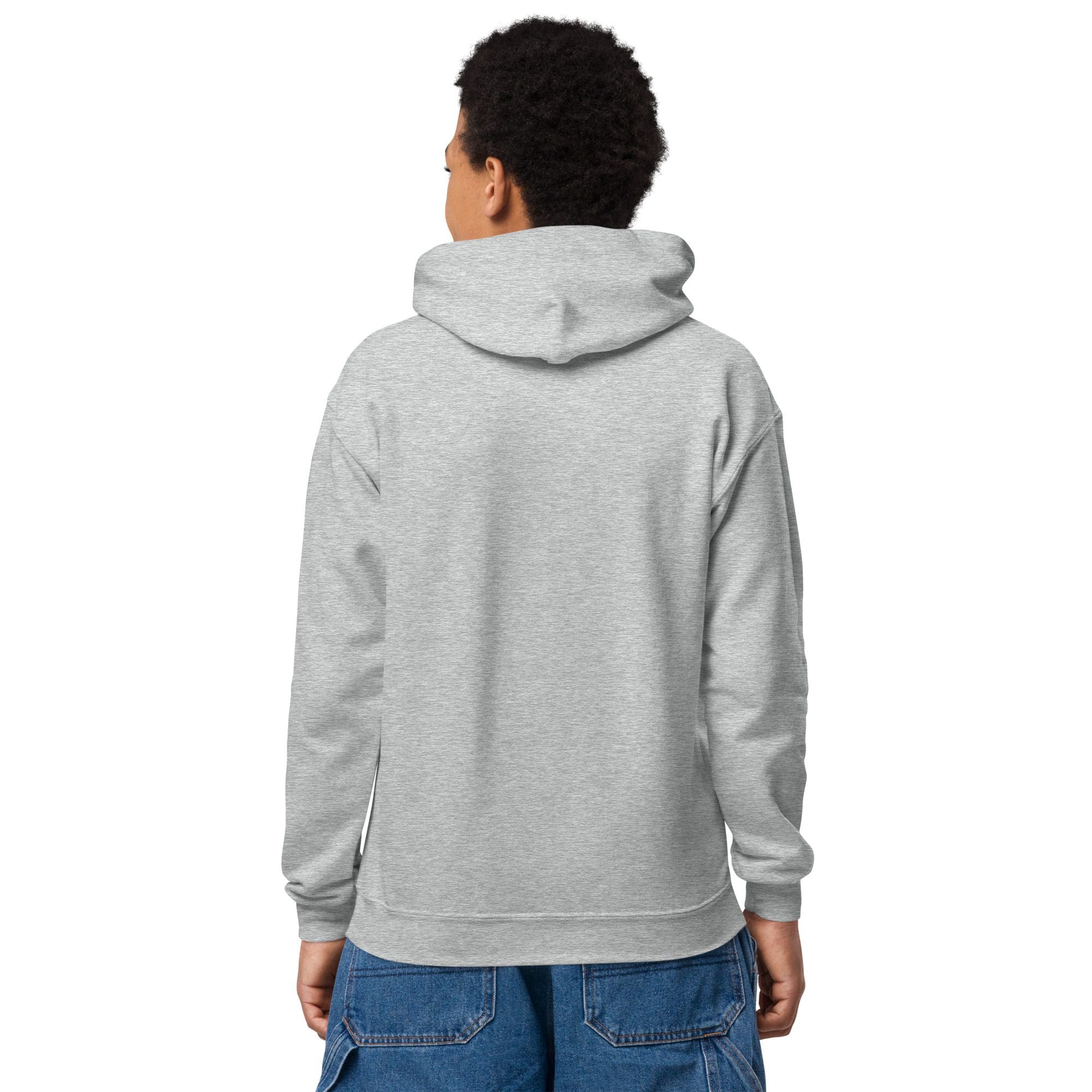 Person wearing gray hoodie and blue jeans