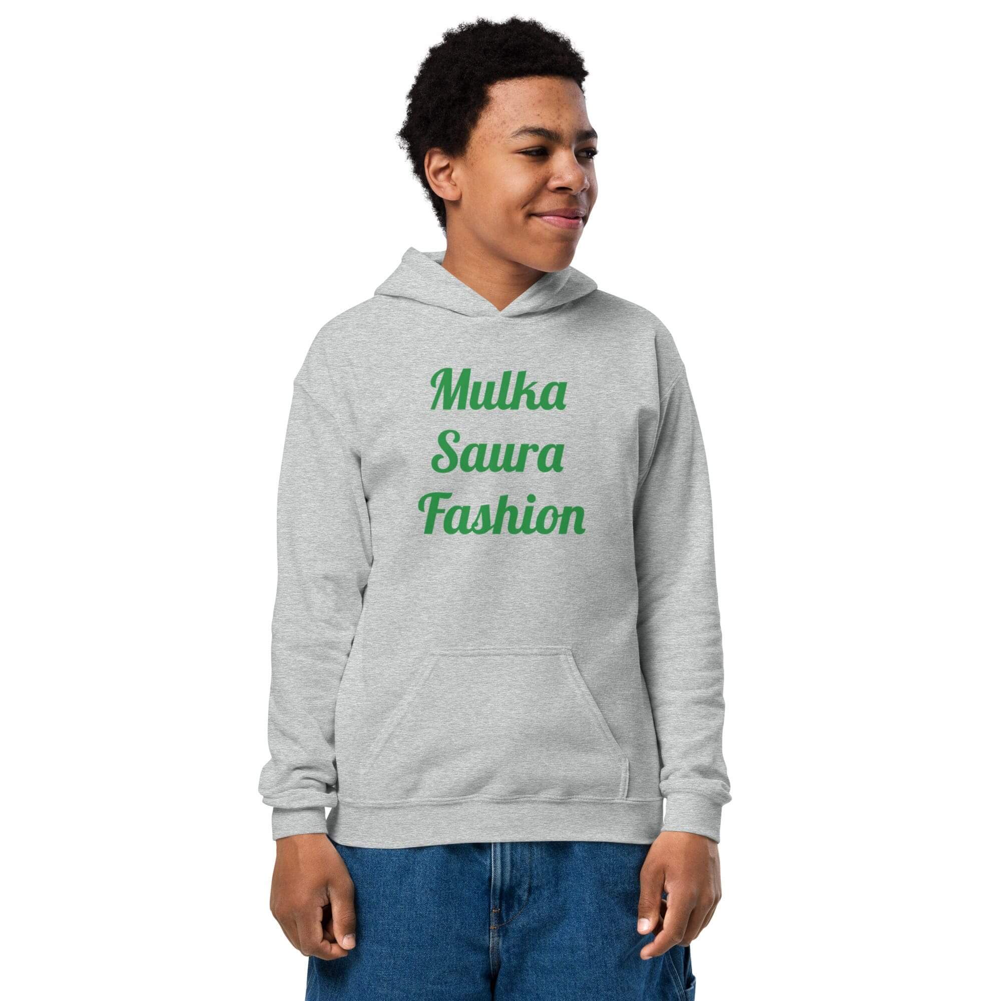 Gray hoodie with green Mulka Saura Fashion text