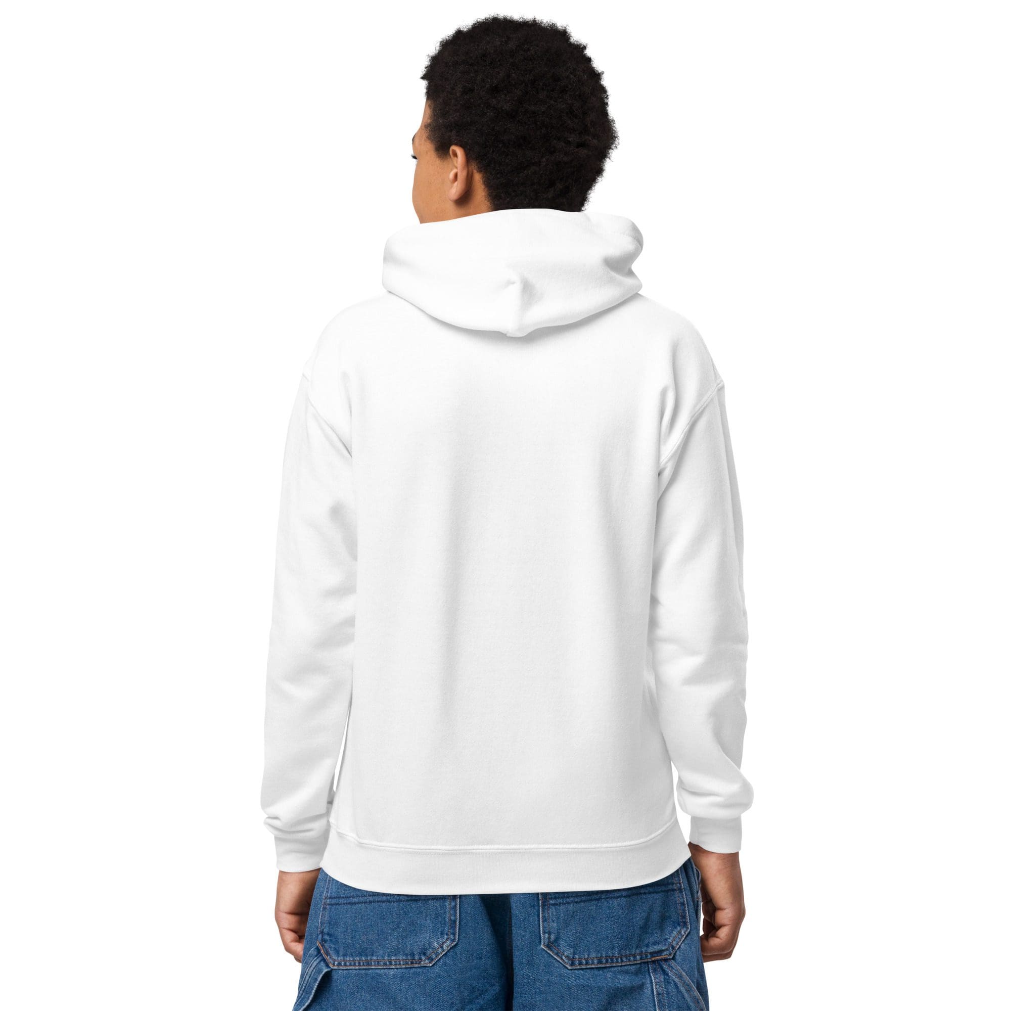 Person wearing white hoodie and blue jeans.